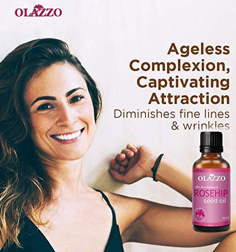 OLAZZO Organic Rosehip Face Oil for Glowing Skin - Reduces Wrinkles & Fine Lines, Dark Circles Treatment, Promotes Hair Growth for Curly Hair (30ml) | Perfect for Night Routine, Dry Skin Care & Natural Hair Hydration