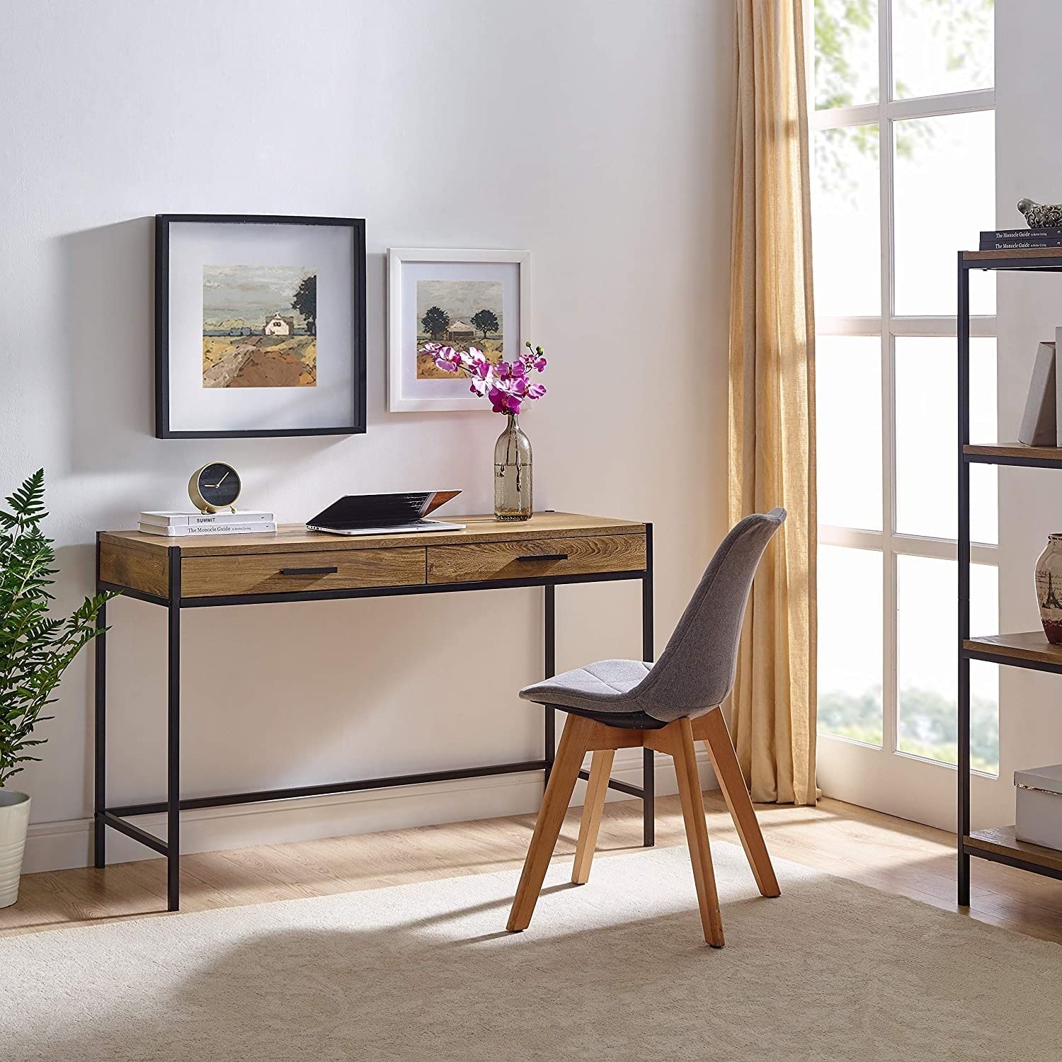 Caffoz 2-Drawer Wood and Metal Writing Desk with Shelf in Mahogany Brown - Compact Home Office Desk for Small Spaces, Study & Workstation