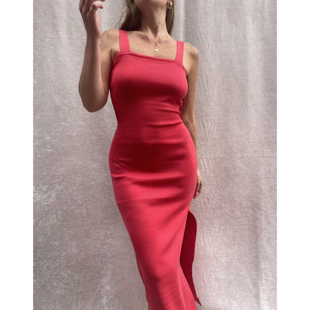 FREJA Women's Bright Red Wide Strap Bodycon Knit Midi Dress - Sexy Party, Date Night & Cocktail Attire