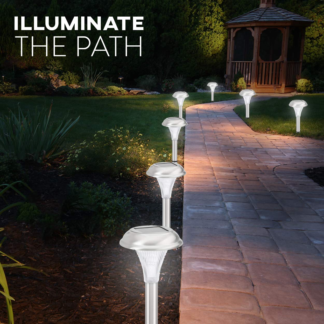 Solar Pathway Lights Outdoor - 8 Pack Super Bright LED Walkway Lights, Brushed Stainless Steel Garden Lights for Patio, Lawn, Yard & Landscape Decor (12 Inch Tall) - Perfect for Driveway, Backyard & Garden Lighting at Night