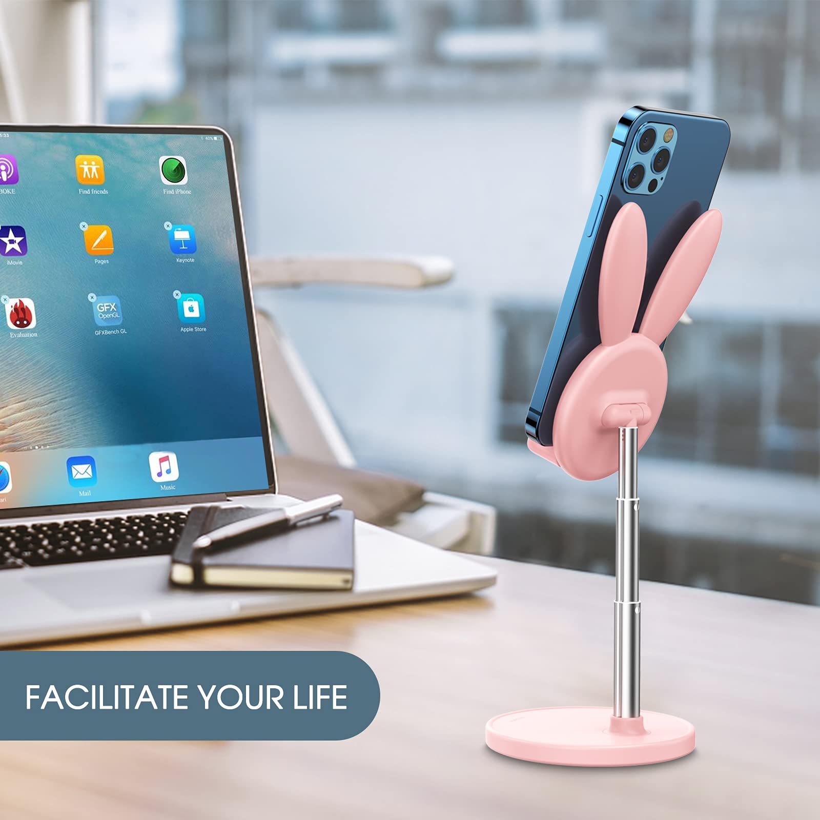 OATSBASF Adjustable Bunny Phone Stand - Cute Desk Holder for iPhone, iPad, Kindle, Nintendo Switch & All Smartphones - Thick Case Friendly - Perfect for Work, Study & Gaming (Pink)