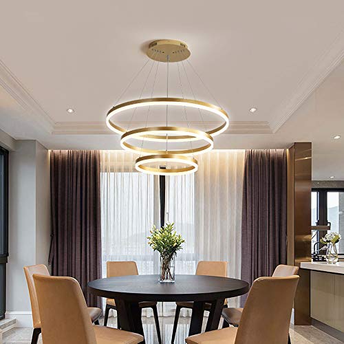 XINDAR Modern Gold Metal Round Chandelier - 3-Light Acrylic Diffuser Pendant Lighting Fixture for Dining Room, Kitchen Island & Bedroom | Warm White LED Hanging Ceiling Light