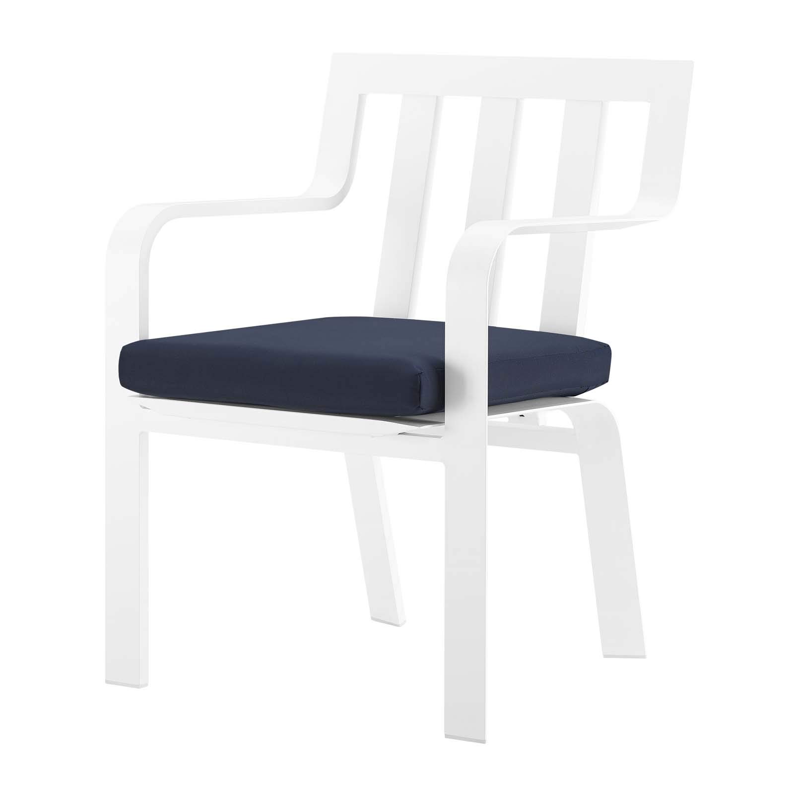 Modern Outdoor Patio Dining Armchair - Water-Resistant Navy Blue & White Fabric with Aluminum Frame - Perfect for Garden, Poolside, and Backyard Relaxation