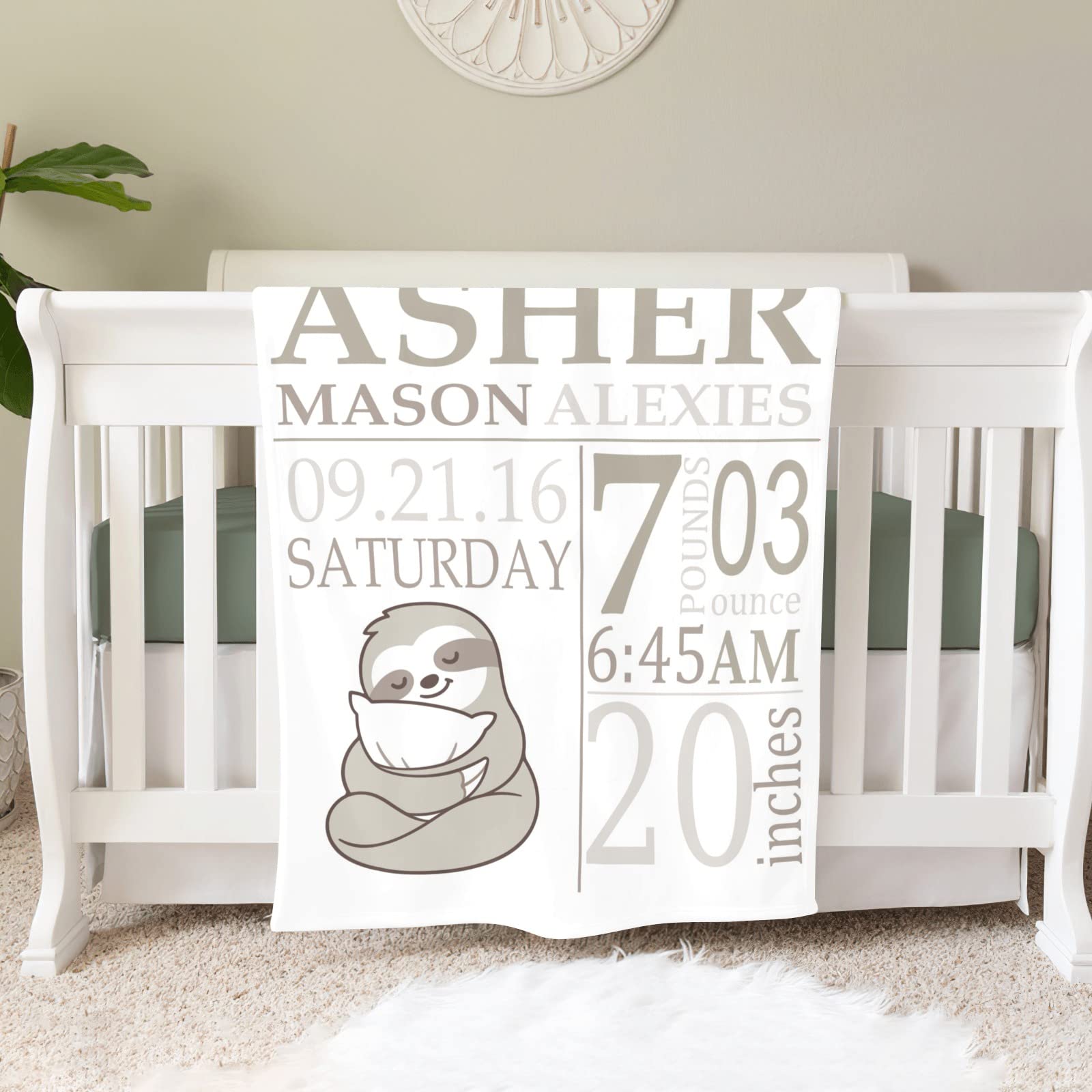 Personalized Sloth Baby Blanket with Name - Custom Newborn Receiving Blanket for Girls & Boys - 30x40 Inch Soft Swaddle Blanket Gift for Crib, Nursery & Baby Shower - Cute Sloth Design for Infants & Toddlers