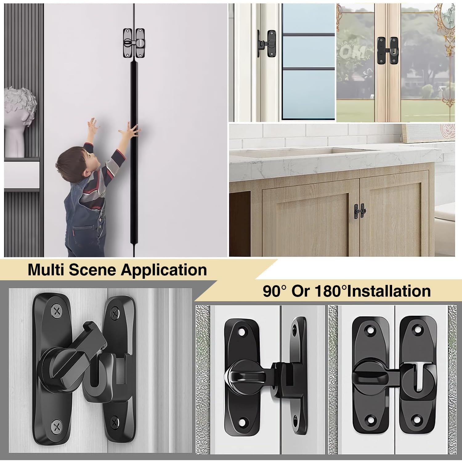 90/180 Degree Zinc Alloy Barn Door Lock Latch - Heavy Duty Gate Hasp for Push/Sliding/Barn Doors - Secure Right Angle Lock with Screwdriver (Black, 1Pc) - Perfect for Farmhouses, Sheds, Garages & Outdoor Gates