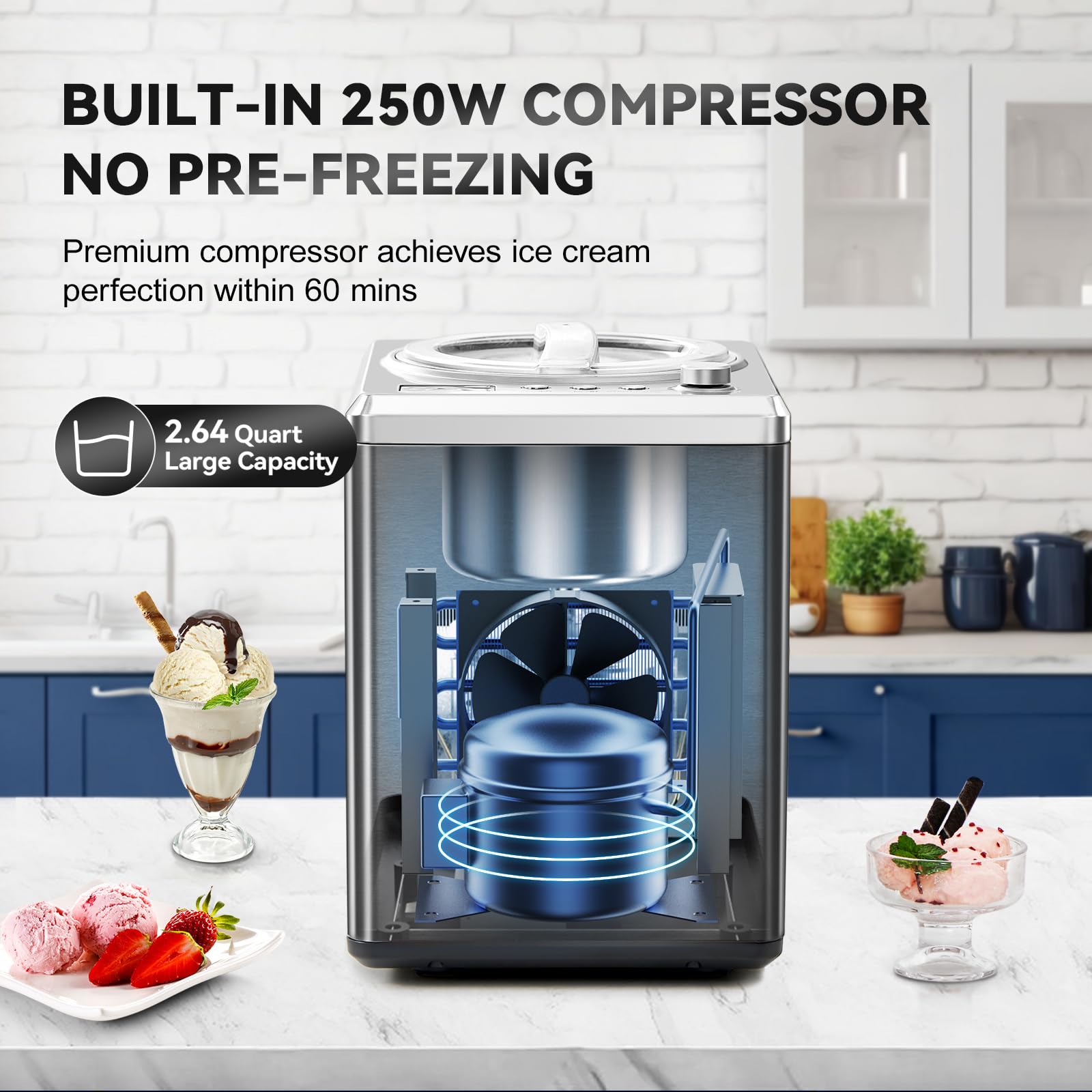 2.65 Qt Ice Cream Maker with Built-in Compressor - Fast Freezing, Large Capacity, Stainless Steel, Easy to Use & Clean, LCD Digital Display - Perfect for Home, Parties, and DIY Desserts