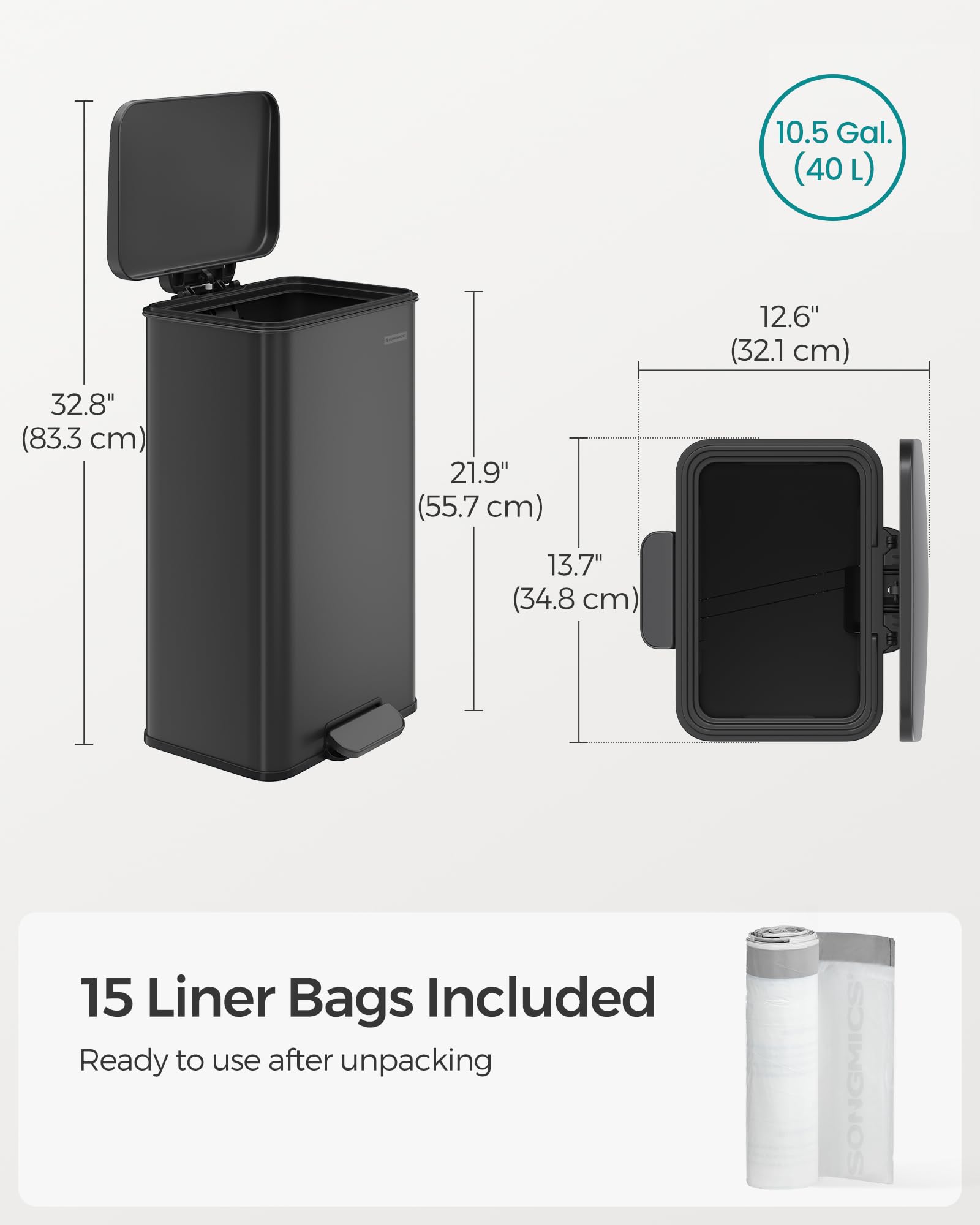 SONGMICS 10.5 Gallon (40L) Stainless Steel Step Trash Can with Soft Close Lid - Large Kitchen Garbage Bin, Includes 15 Trash Bags, Black ULTB540B40 - Perfect for Home, Office, Restaurant & Commercial Use