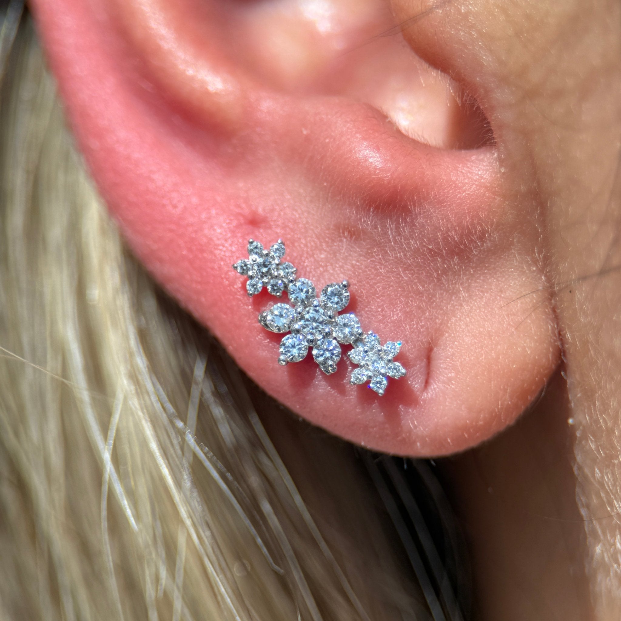 14K Yellow Gold Diamond Three Flower Garland Flat Back Stud Earrings - Elegant Floral Jewelry for Women, Perfect for Weddings, Parties & Everyday Wear