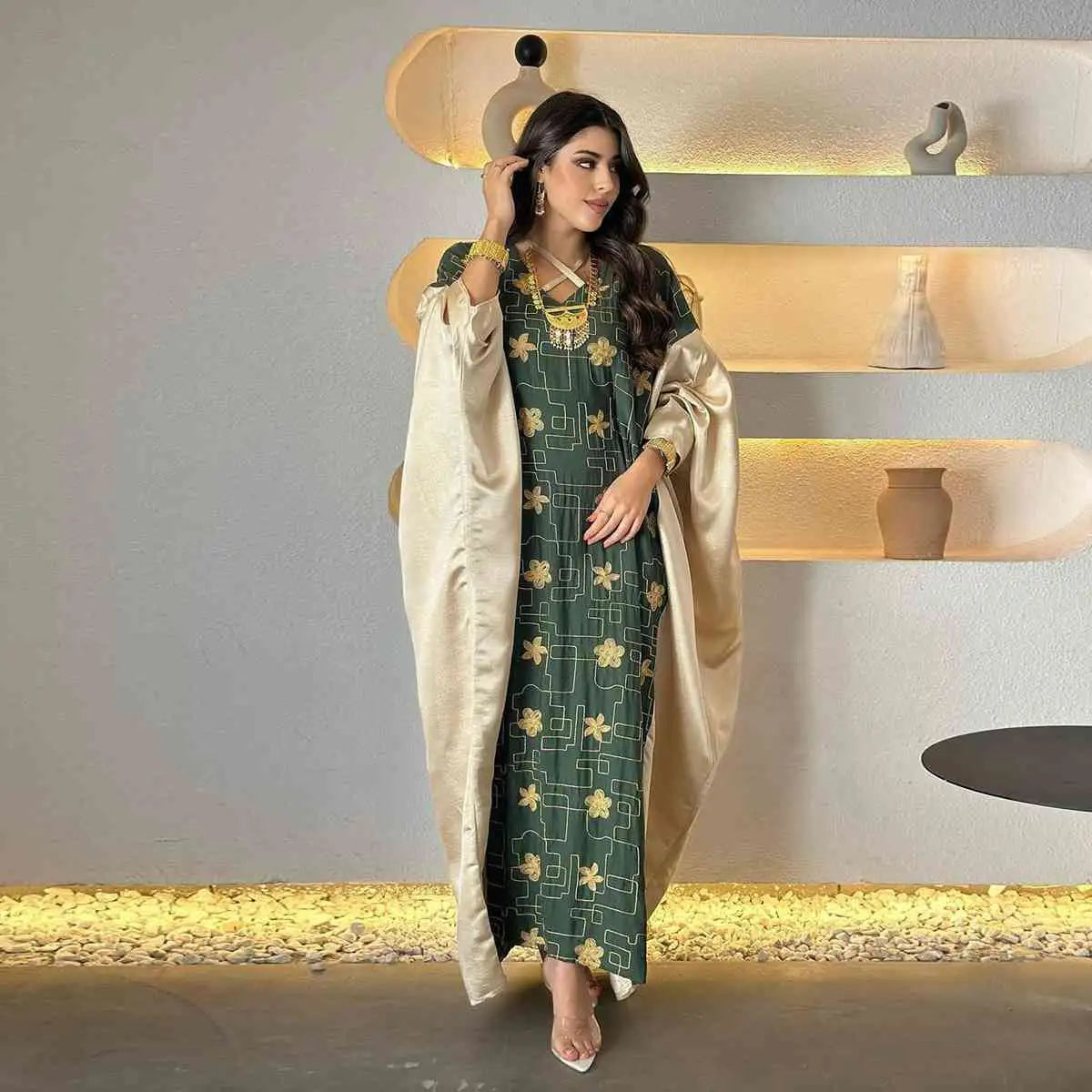 Elegant Eid Embroidery Dress for Muslim Women - Flowy Caftan Kaftan Maxi Dress - Perfect for Eid Celebrations, Weddings & Special Occasions