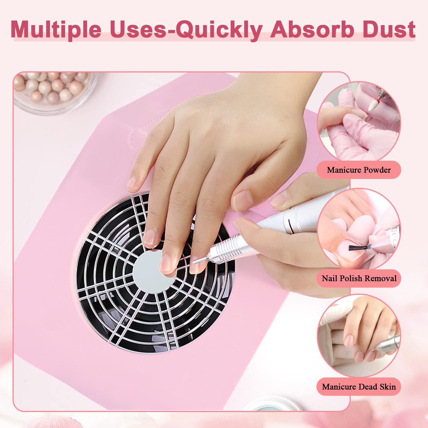 40W Pink Nail Dust Extractor for Manicure & Gel Removal - Salon & Home Use