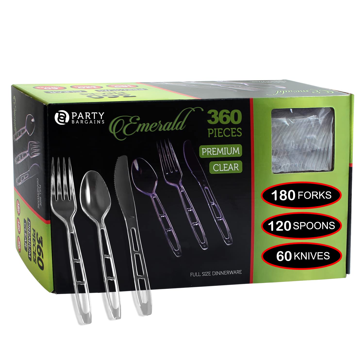 Premium Emerald Clear Plastic Silverware Set - 360 pcs (180 Forks, 120 Spoons, 60 Knives) | Heavy Duty Disposable Cutlery for Parties, Weddings, Catering & Events | Elegant Disposable Utensils for Fundraising, Galas, Cocktail Parties & Home Entertaining