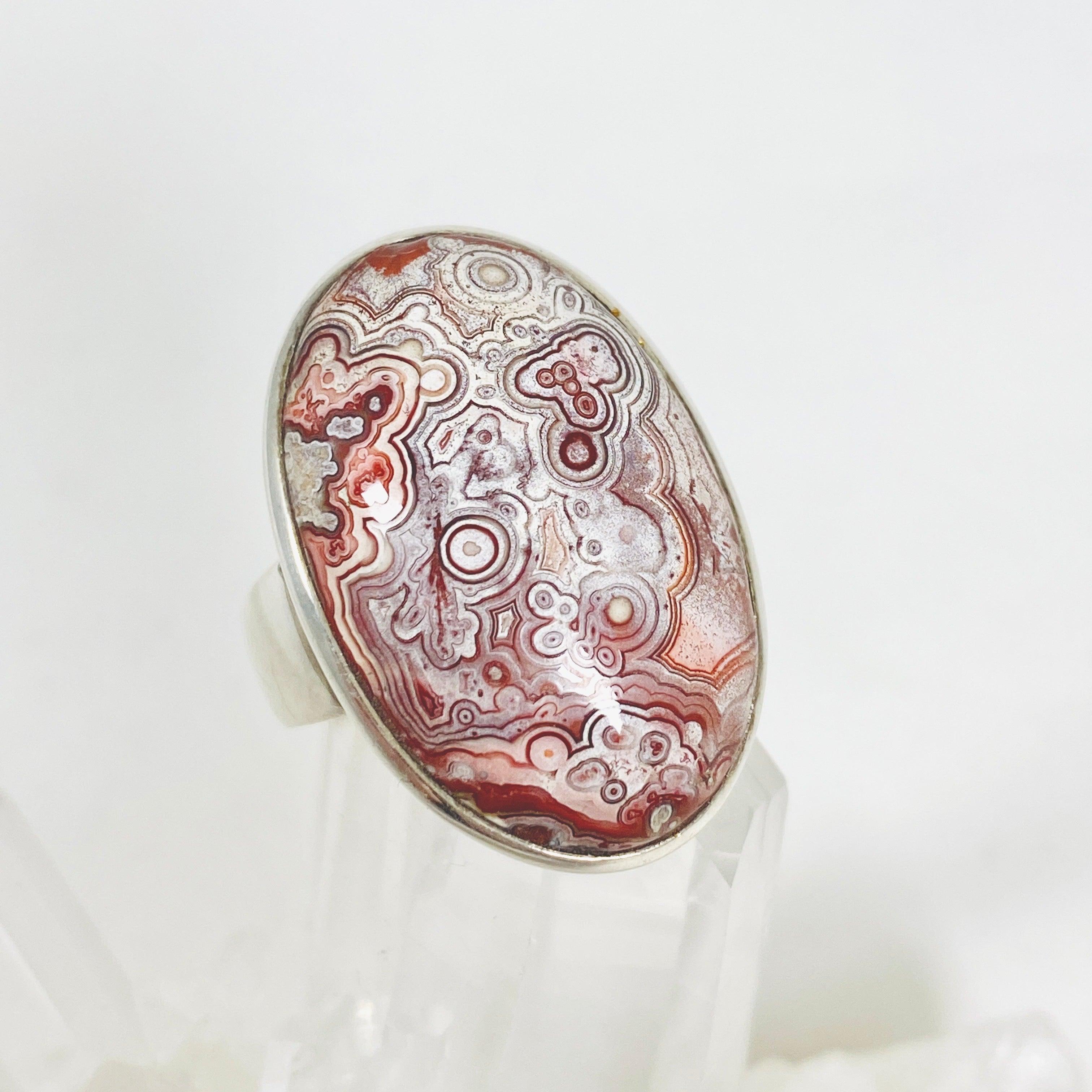 Crazy Lace Agate Oval Ring - Size 8.5 Sterling Silver Jewelry PRGJ289 | Elegant Gift for Women, Birthday & Anniversary Present