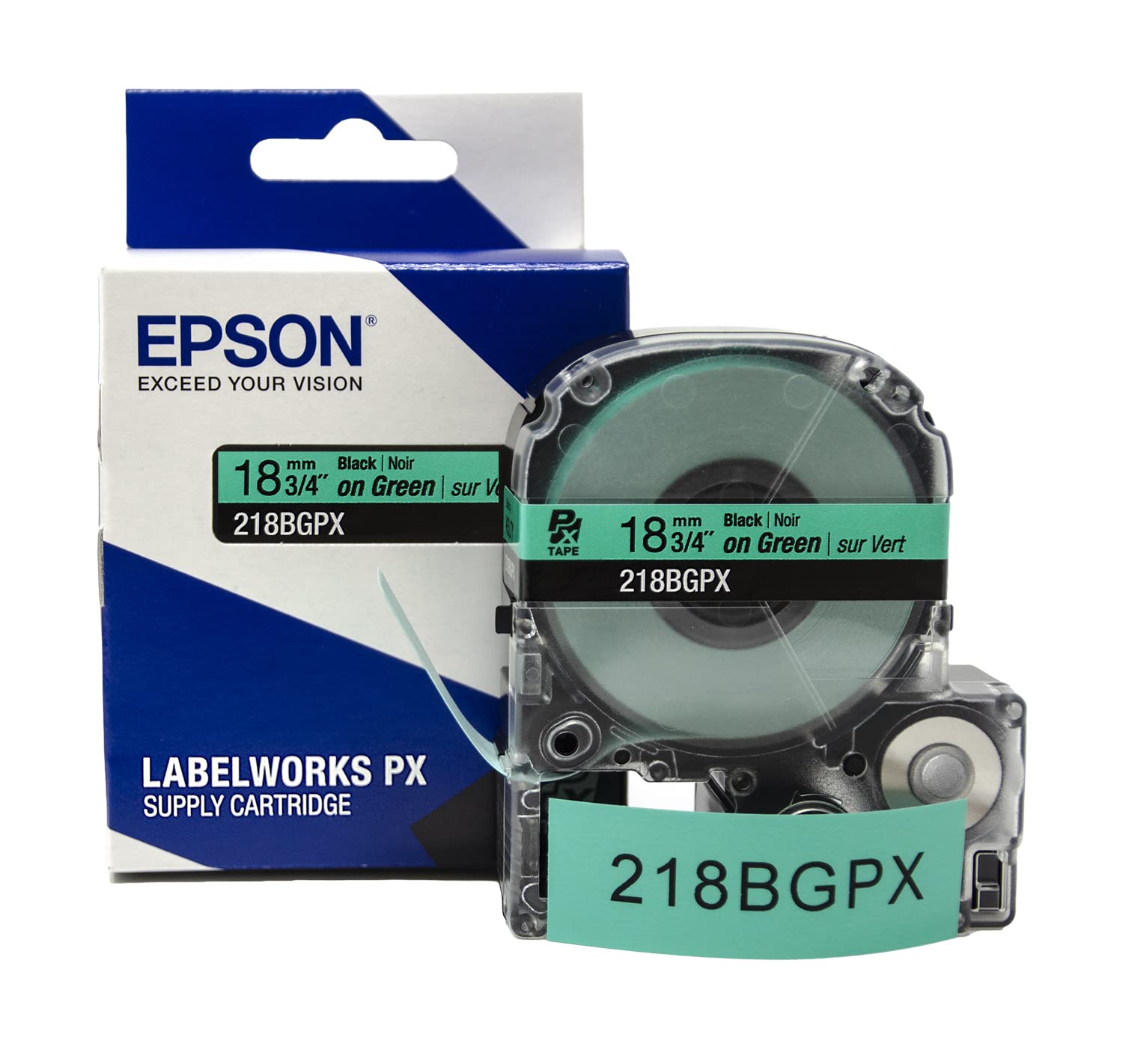 Epson LABELWORKS 218BGPX PET (Polyester) Tape Cartridge - Black on Green Label Maker Tape - 3/4