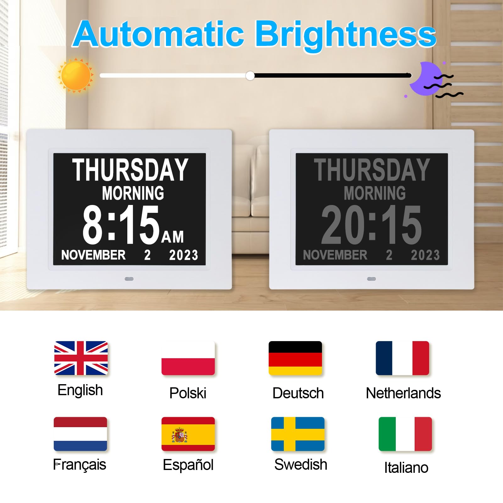 Johnziny 2025 8-Inch Large Digital Clock for Seniors - Easy-to-Read Dementia Clock with Day/Date Display & 8 Alarm Options - Ideal for Elderly Care, Alzheimer's Patients & Memory Support (White) | Perfect for Bedrooms, Nursing Homes & Assisted Living Facilities