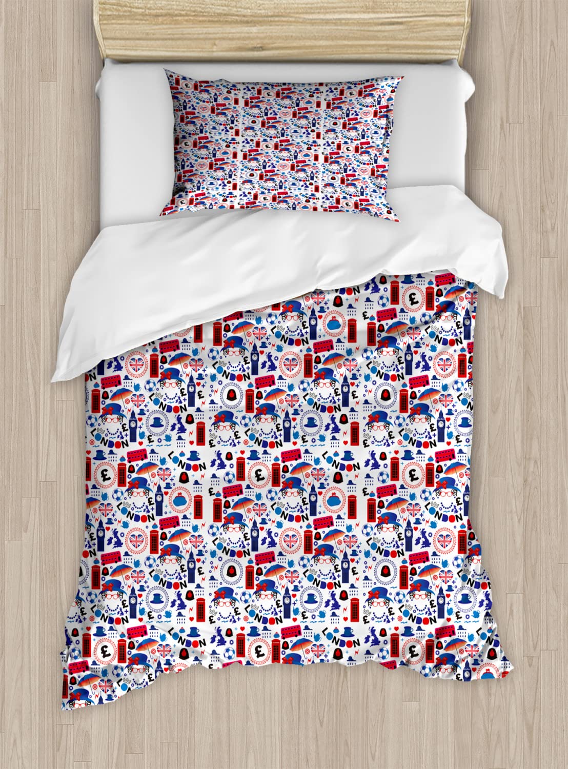 Ambesonne London Themed Duvet Cover Set - Queen Size 2-Pack with 2 Duvet Covers & 4 Pillowcases | British Travel Inspired Design Featuring Queen Elizabeth, Umbrella Tea Party & City Map | Perfect for Themed Bedrooms, Guest Rooms & London Enthusiasts