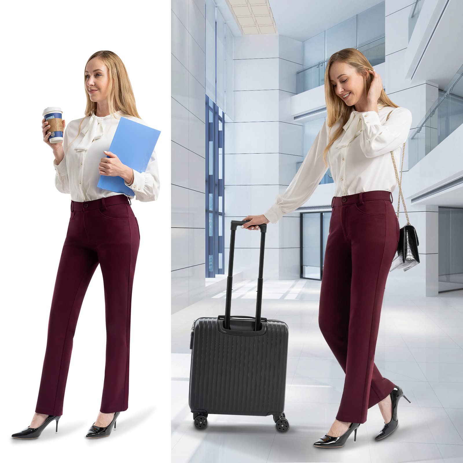 PUWEER Women's Stretch Work Pants with Pockets - Straight Leg Business Casual Slacks for Office, Travel & Everyday Wear