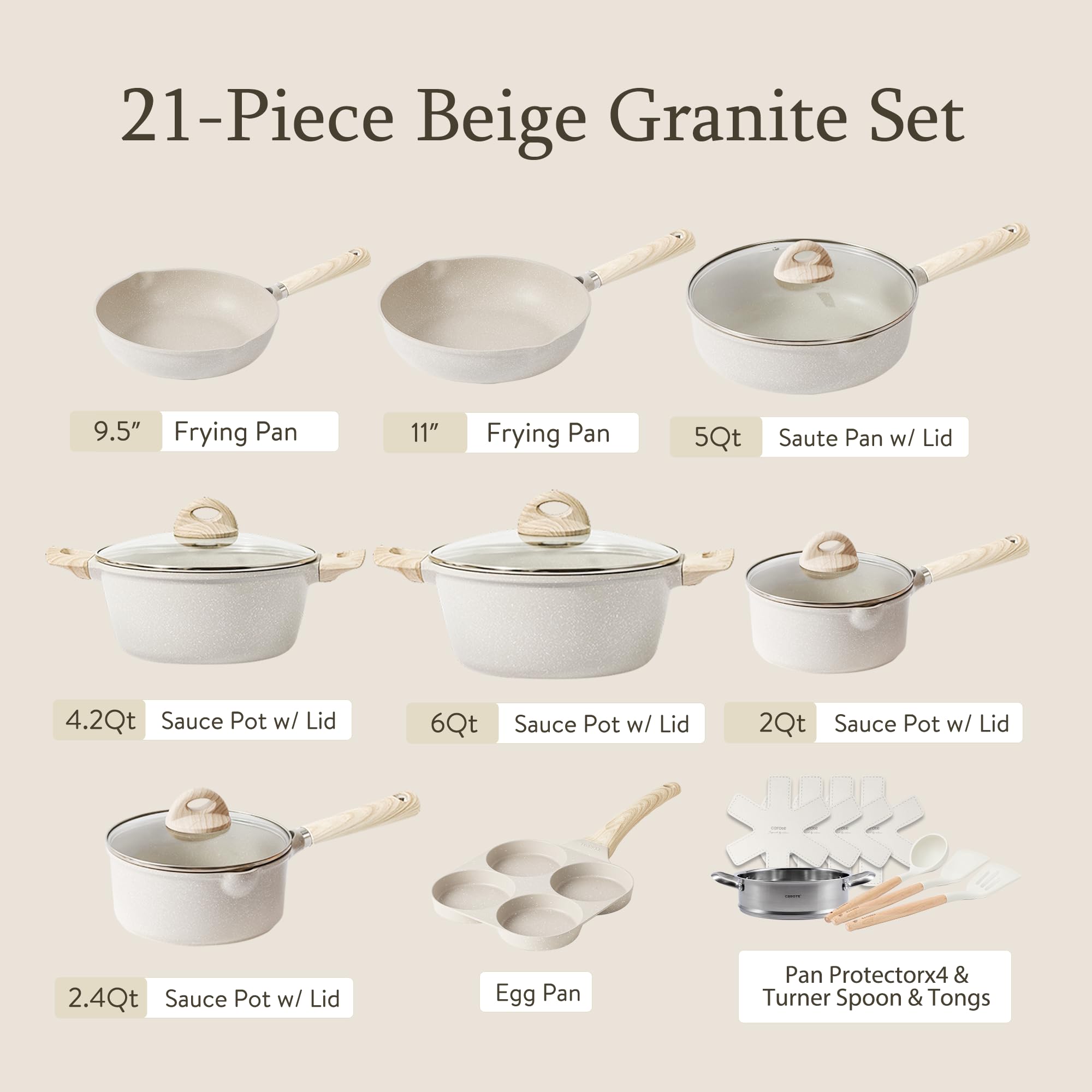 CAROTE 21-Piece Nonstick Pots and Pans Set - White Granite Induction Cookware with Frying Pans & Saucepans (PFOS & PFOA Free) - Perfect for Home Cooking, Family Meals & Professional Kitchens