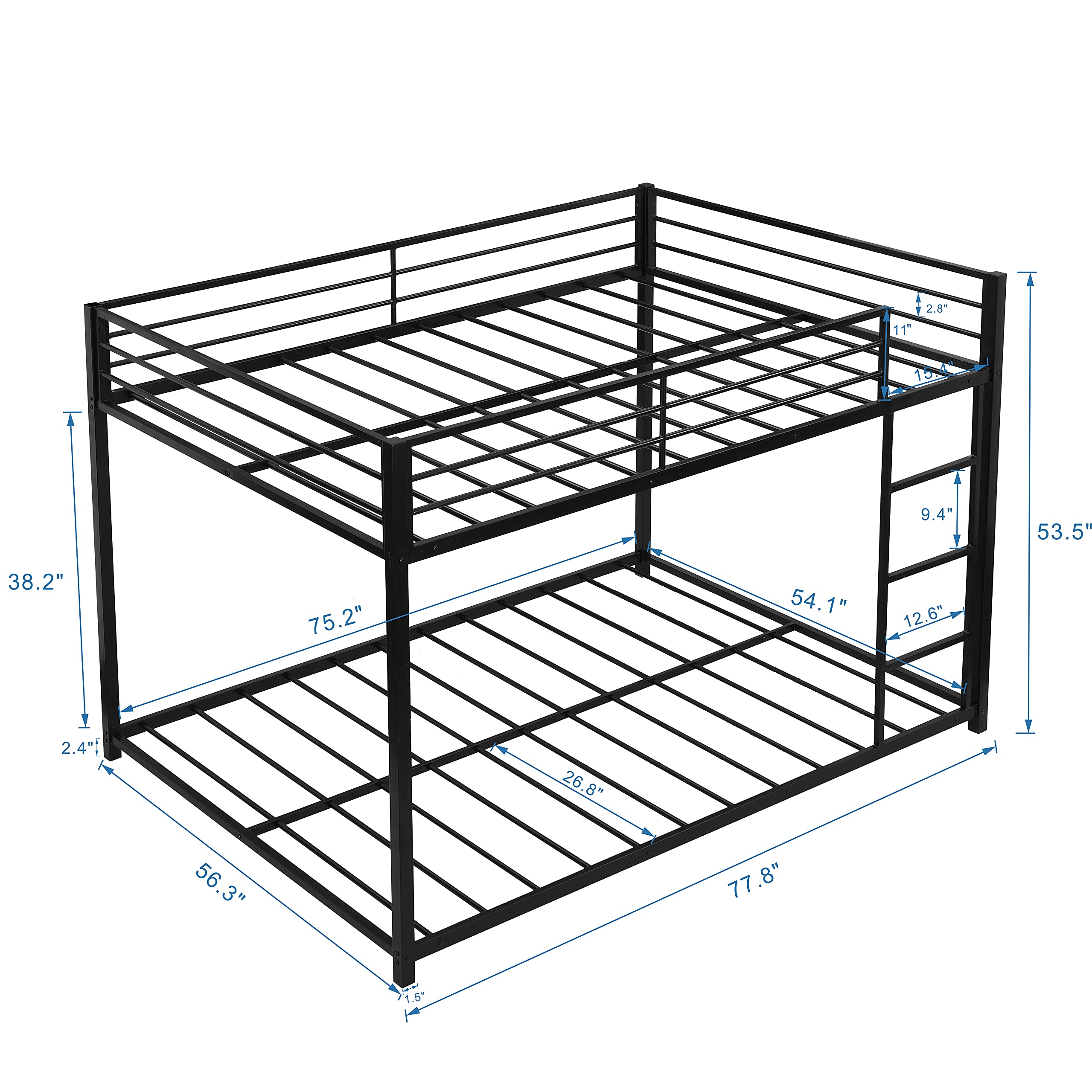 Full Over Full Metal Bunk Bed - Heavy Duty Low Profile Bunk Bed Frame with Safety Guard Rails & Flat Ladder for Kids, Teens, Adults (Black) | Perfect for Small Rooms, Dorms, Guest Rooms & Space-Saving Solutions