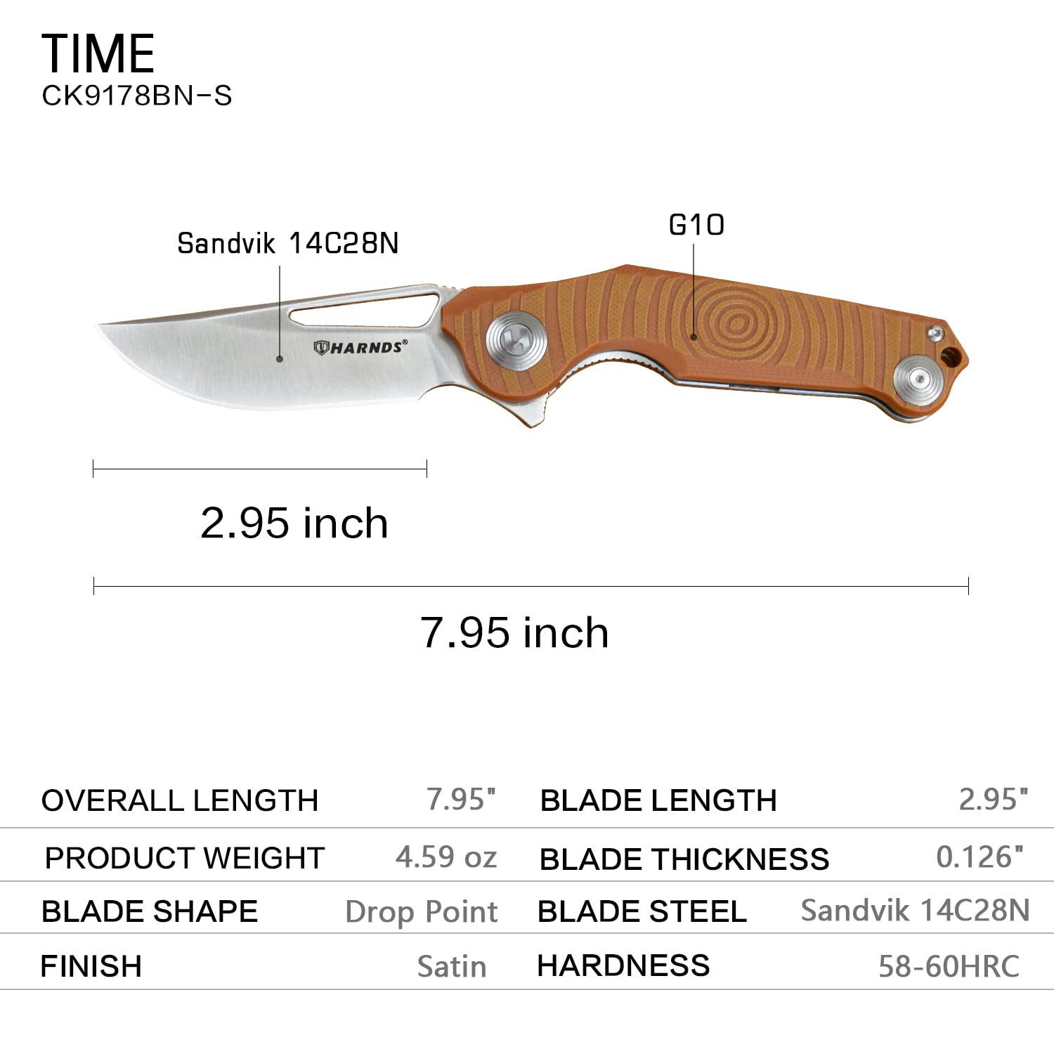 Harnds Time Folding Knife - Premium Sandvik 14C28N Steel Blade, G10 Handle, Pocket Clip - EDC Folding Knife for Camping, Hiking, Survival & Outdoor Activities (Brown)