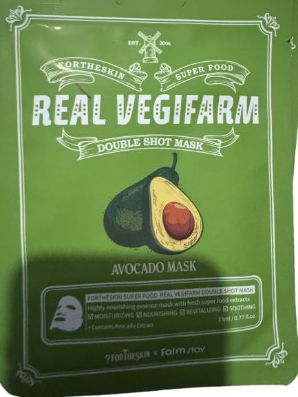 FORTHESKIN Super Food Real Vegifarm Double Shot Avocado Sheet Mask - Hydrating Ampoule Essence with Avocado Extract for Dry & Dull Skin | Soothing, Nourishing & Revitalizing Facial Mask | Perfect for Spa Night & Self-Care Routine