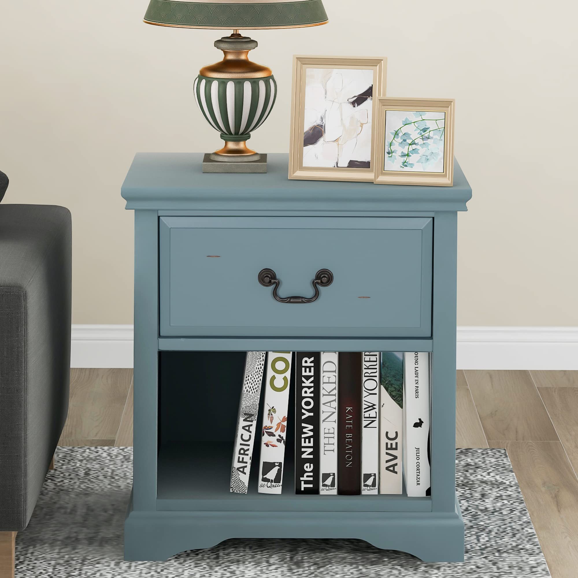 Solid Wood End Table with Drawer & Cabinet - Eco-Friendly Pine Accent Table for Living Room, Bedroom & Home Office - Nightstand, Coffee Table (Blue) | Perfect for Small Spaces, Apartment Decor & Modern Furniture Needs