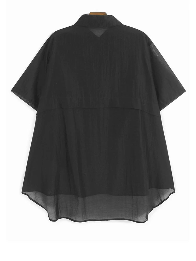 Black Irregular Thin Shirt & Wide Leg Shorts Two-Piece Set - Women's Fashion Lapel Short Sleeve Outfit for Spring Summer 2025 | Casual Wear, Beach Vacation, Street Style