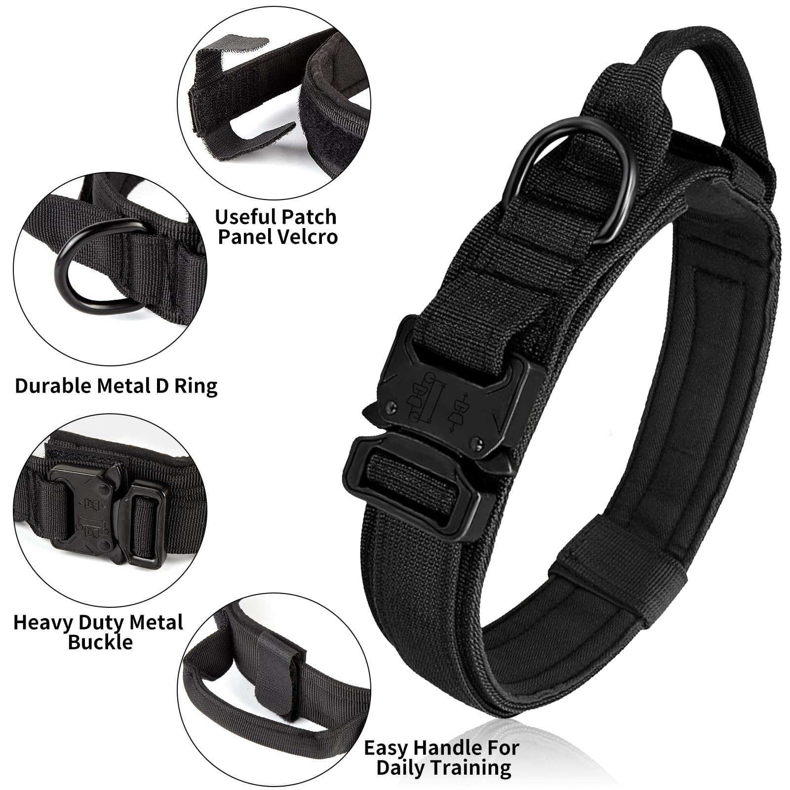 Tactical Dog Collar - Heavy Duty Adjustable Military Grade Nylon Dog Collar with Metal Buckle & Control Handle for Small Medium Large Dogs - Perfect for Training, Outdoor Adventures & Security Work (Black, Size L)