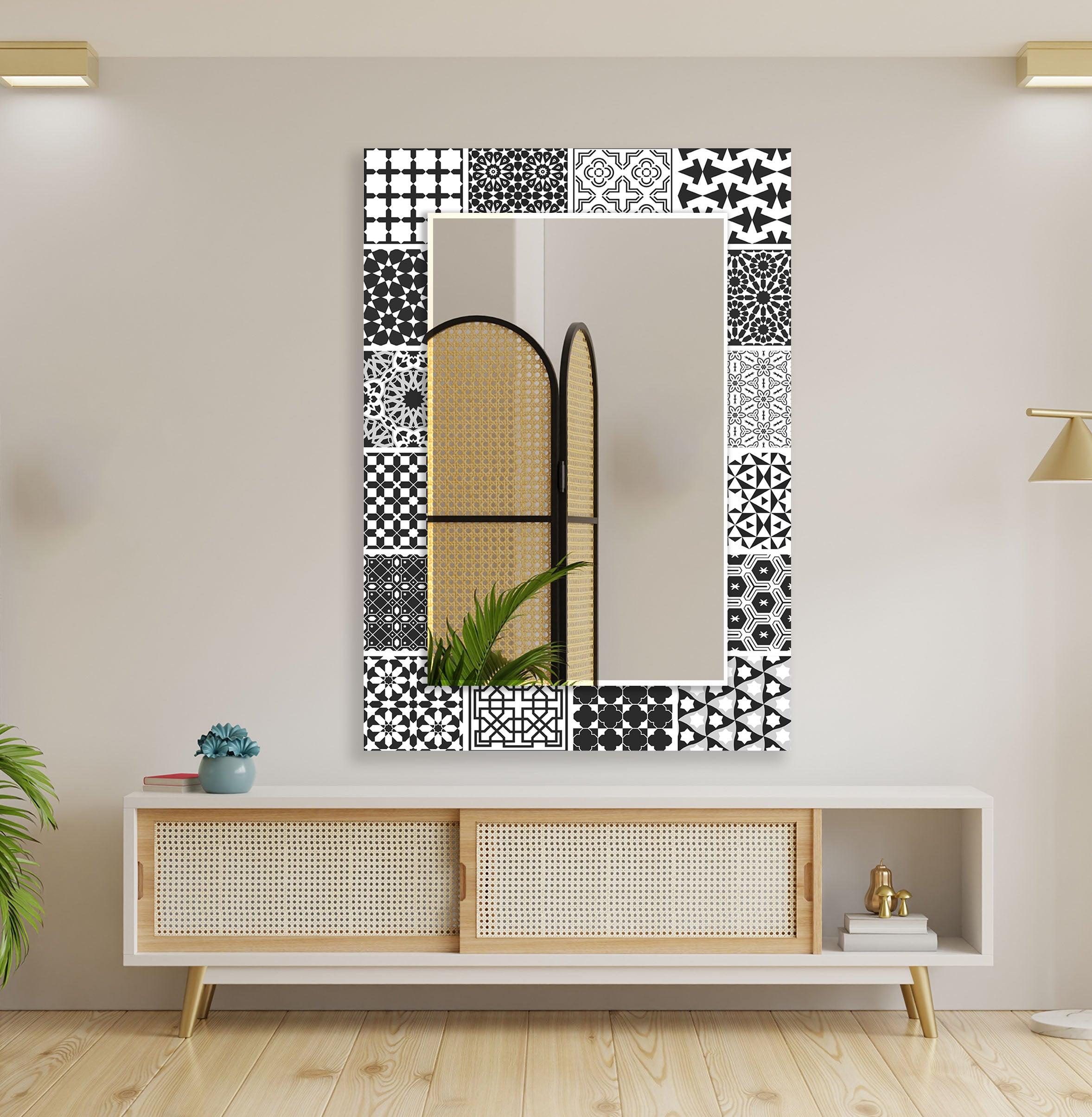 Black and White Mosaic Wall Mirror - Modern Decorative Bathroom & Bedroom Mirror - Perfect for Vanity, Entryway, and Home Decor