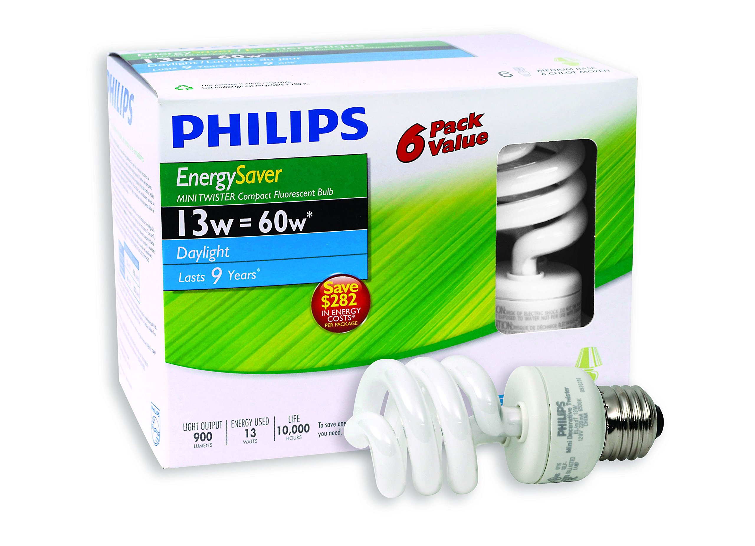 13W Medium Base Daylight Mini Twister CFL Bulbs - 6 Pack | Energy Efficient Spiral Light Bulbs for Home, Office & Workshop | 6500K Bright White Lighting