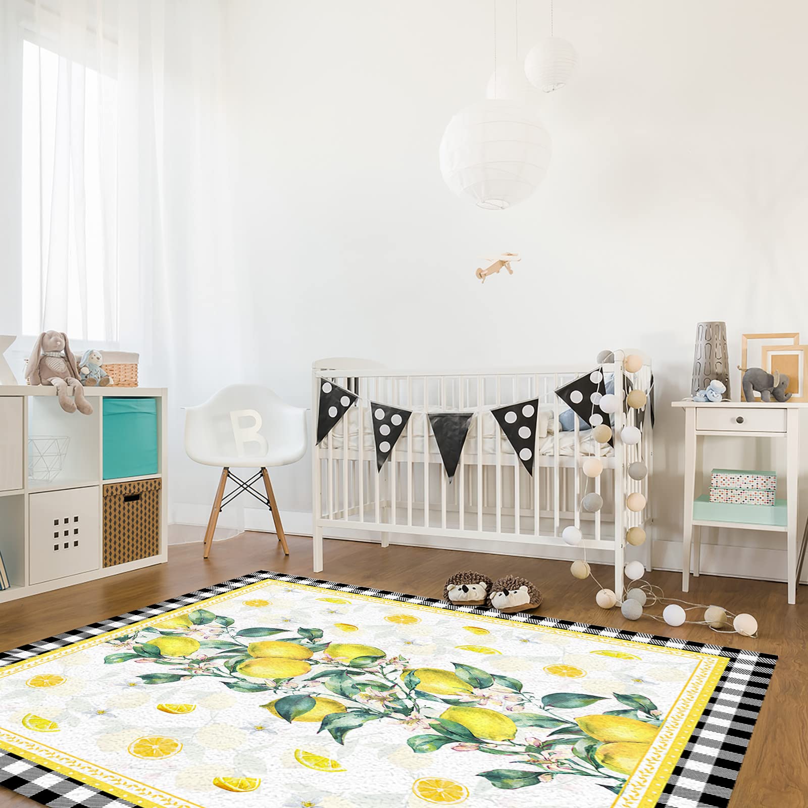 5'x8' Large Non-Slip Area Rug - Black and White Plaid Pattern for Living Room, Bedroom, Kitchen | Durable Floor Mat for Kids Room, Home Decor with Marble Backdrop | Perfect for Farmhouse, Modern & Rural Style Homes
