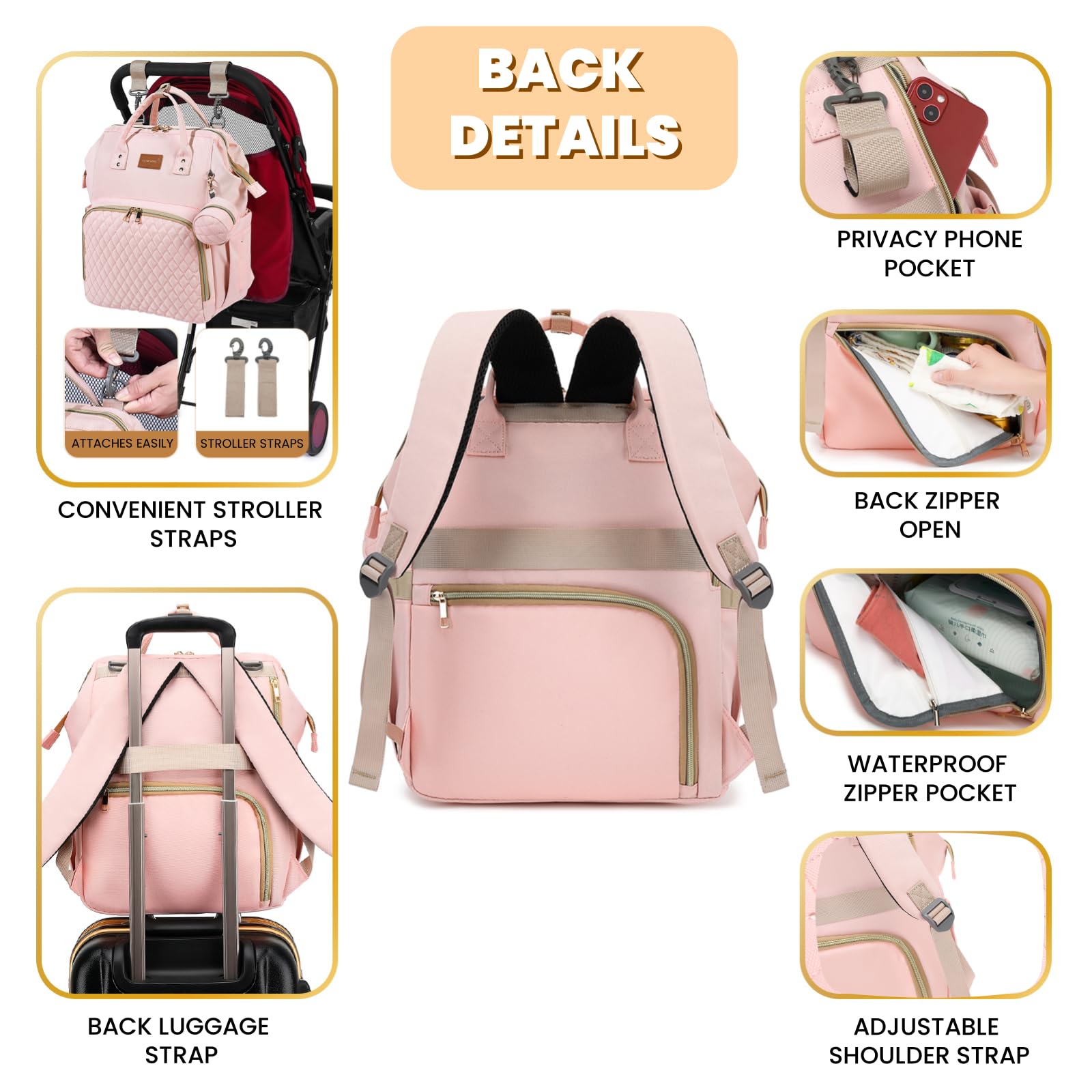 **Pink Baby Diaper Backpack for Girls - Large 35L Capacity with Changing Pad, Pacifier Case, Insulated Pockets & Stroller Straps - Perfect Baby Shower Gift, Cute & Stylish - Ideal for Travel, Outings & Everyday Use**