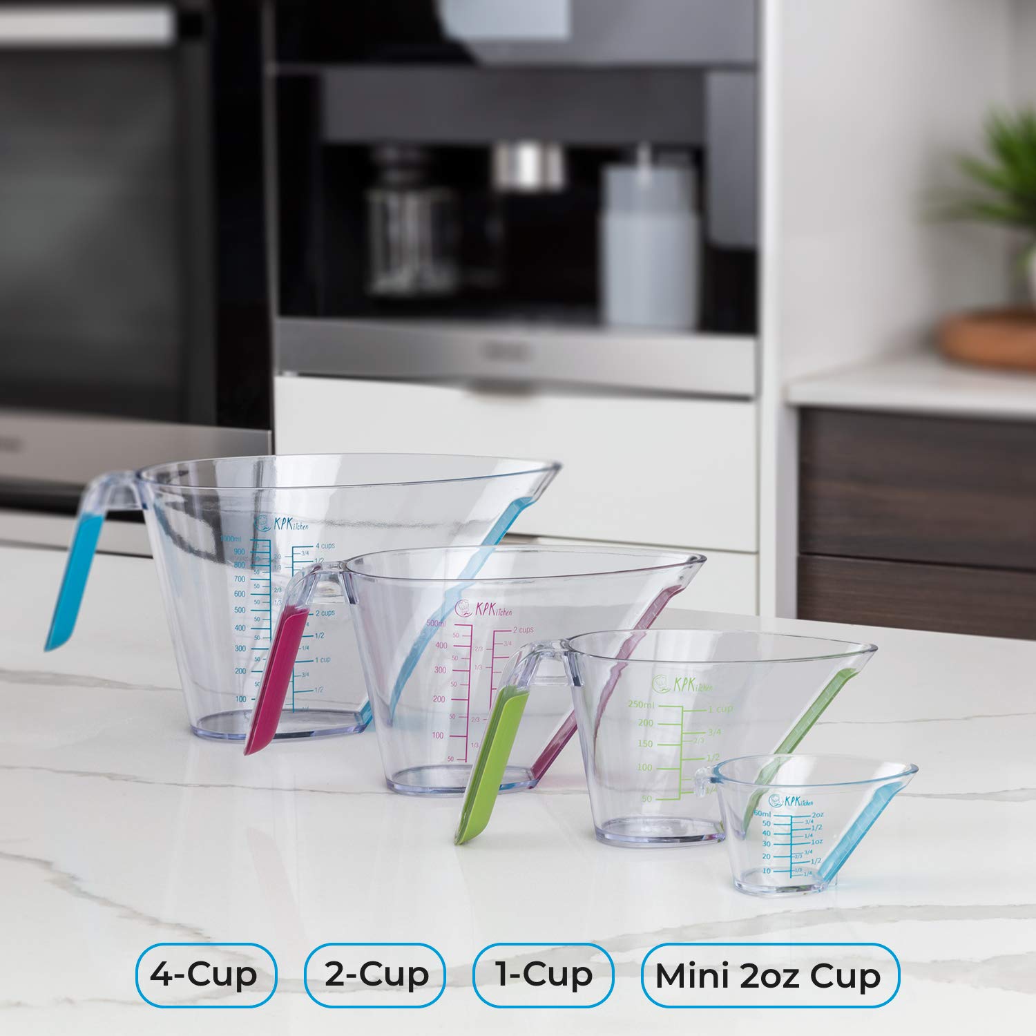 4-Piece Angled Liquid Measuring Cups Set - Mini 1oz, 2oz, 4oz & 8oz Plastic Measuring Cups with ML & Cup Measurements - KPKitchen Measuring Cups for Baking, Cooking & Mixing Drinks