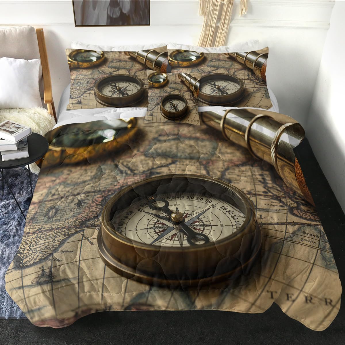 **Sleepwish King Size Nautical Comforter Set - Anchor & Compass Navigation Map Design, 4-Piece Pirate-Themed Bedding Set with Comforter, Shams & Cushion Cover - Perfect for Coastal, Adventure & Pirate-Themed Bedrooms**