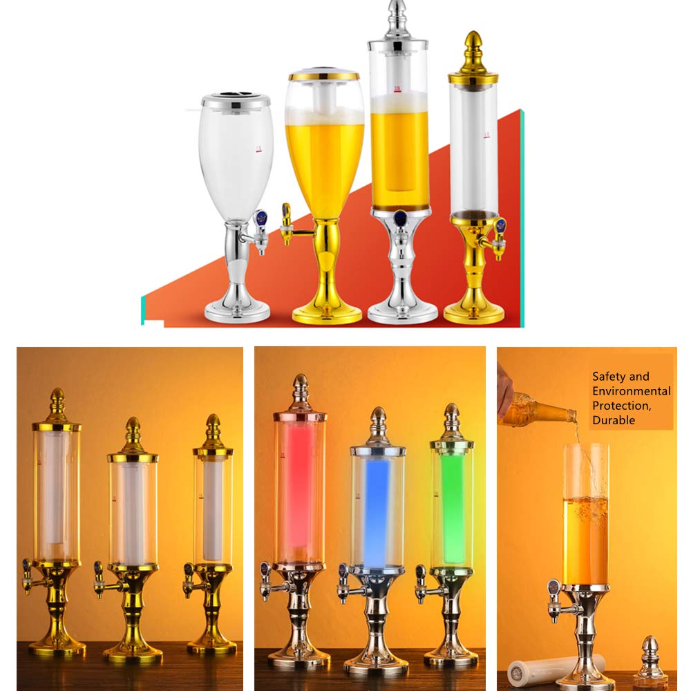 LED Colorful Shining 3L Tabletop Wine Beer Tower Dispenser - Golden Beverage Juice Server for Bar, Party, Restaurant, KTV & BBQ | Perfect for Weddings, Birthday Celebrations & Outdoor Gatherings