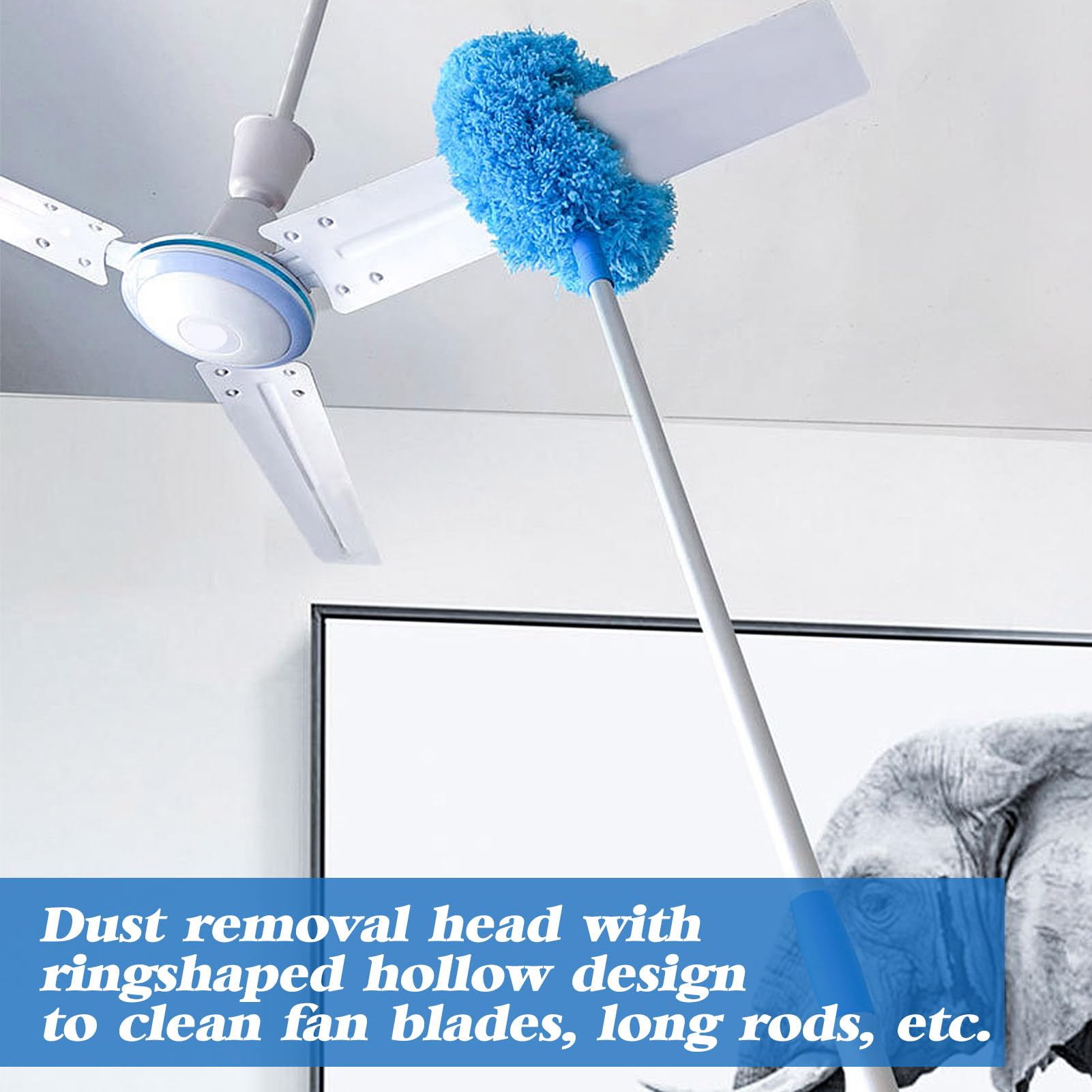 Microfiber Ceiling Fan Duster with Adjustable Extension Handle (13-57.1 in) - Washable & Removable Fuzzy Fan Cleaner for Walls, Doors, Bookshelves & Windows | Perfect for Home, Office & Hard-to-Reach Areas Cleaning - Blue