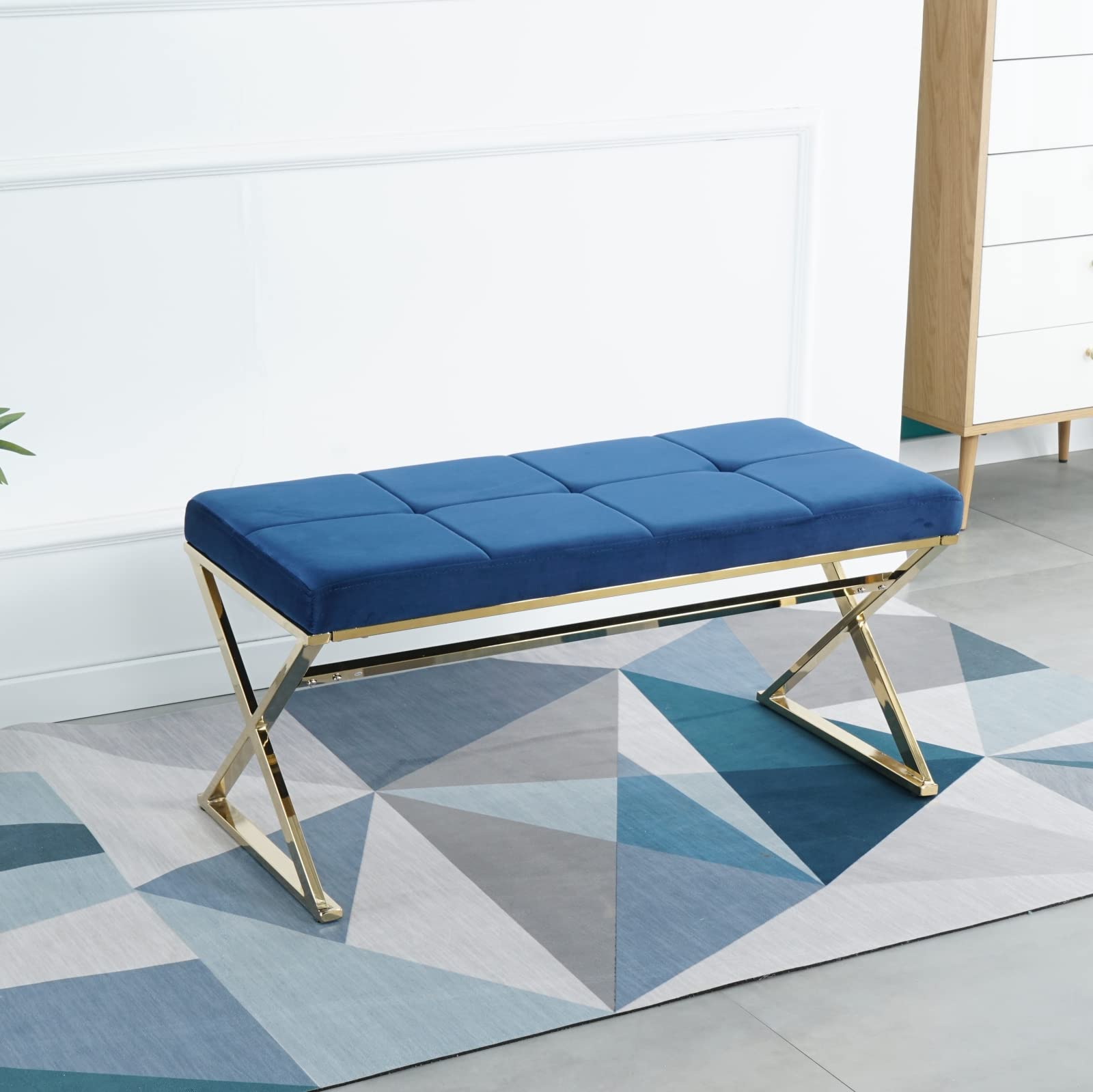 Velvet Tufted Ottoman Bench with Stainless Steel Legs - Modern End of Bed Bench, Entryway Shoe Bench & Dining Seat for Living Room, Bedroom, Hallway | Perfect for Home Décor, Guest Seating & Shoe Storage