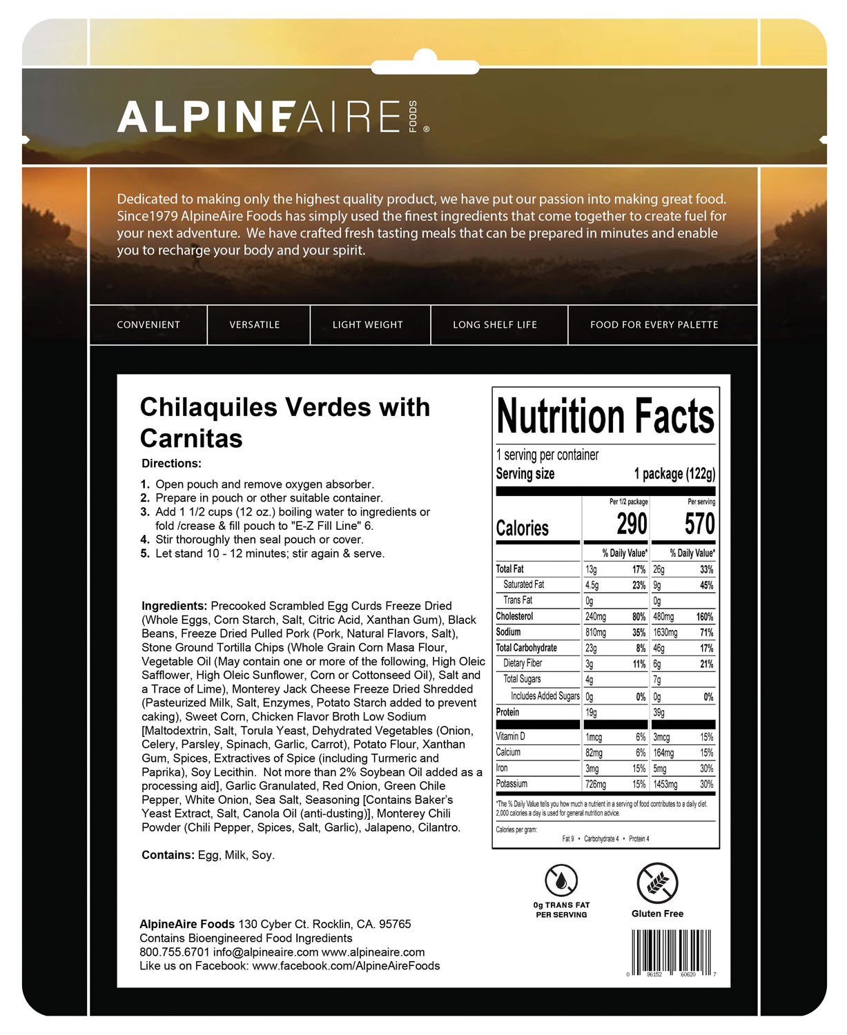 Alpine Aire Chilaquiles Verdes with Carnitas - Freeze-Dried Mexican Meal for Camping, Hiking & Backpacking | Lightweight & Easy to Prepare Outdoor Food