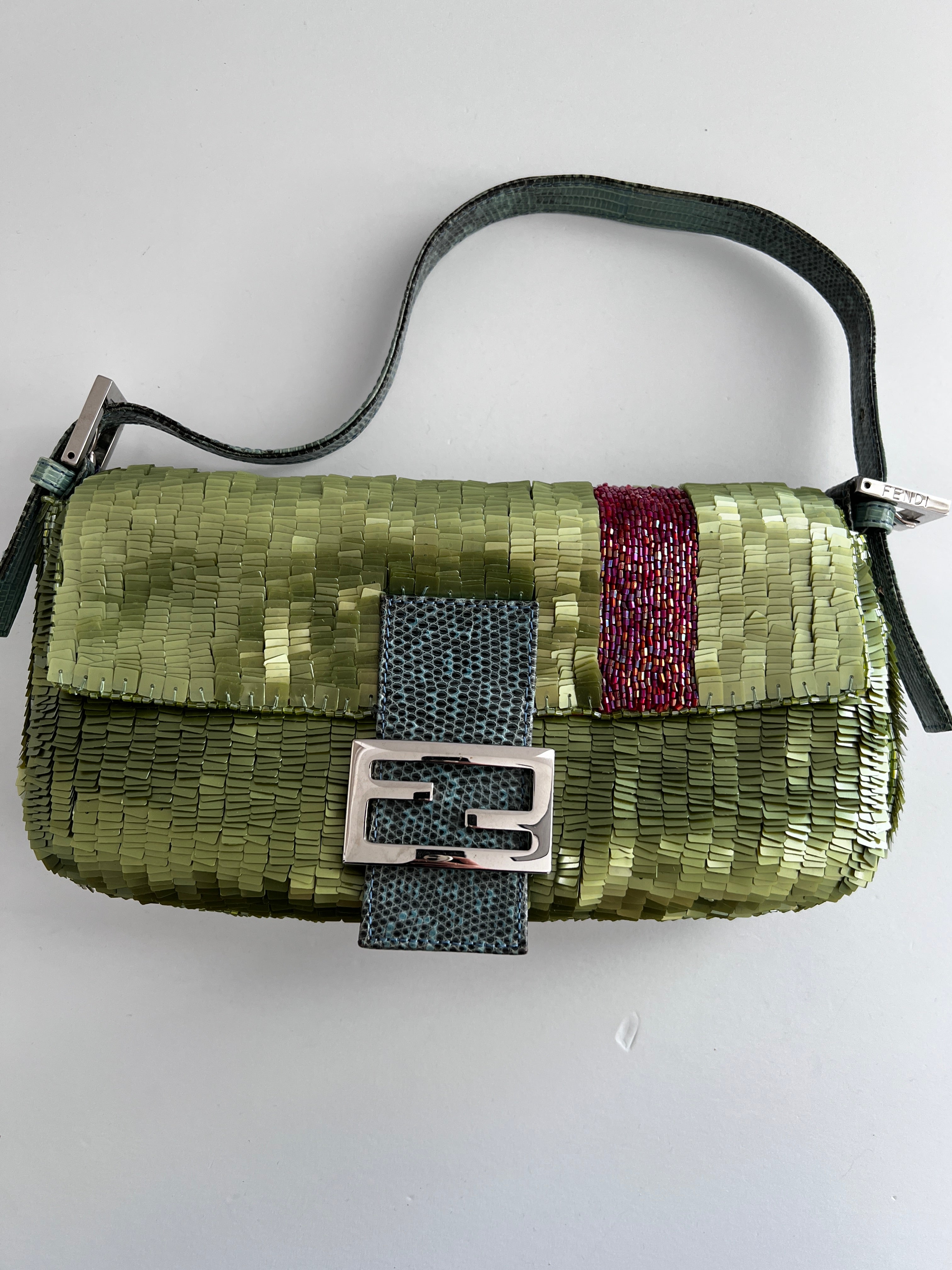 Vintage Fendi Green Sequin Baguette Bag - Luxury Designer Shoulder Bag for Women | Perfect for Evening Parties, Weddings & Special Occasions