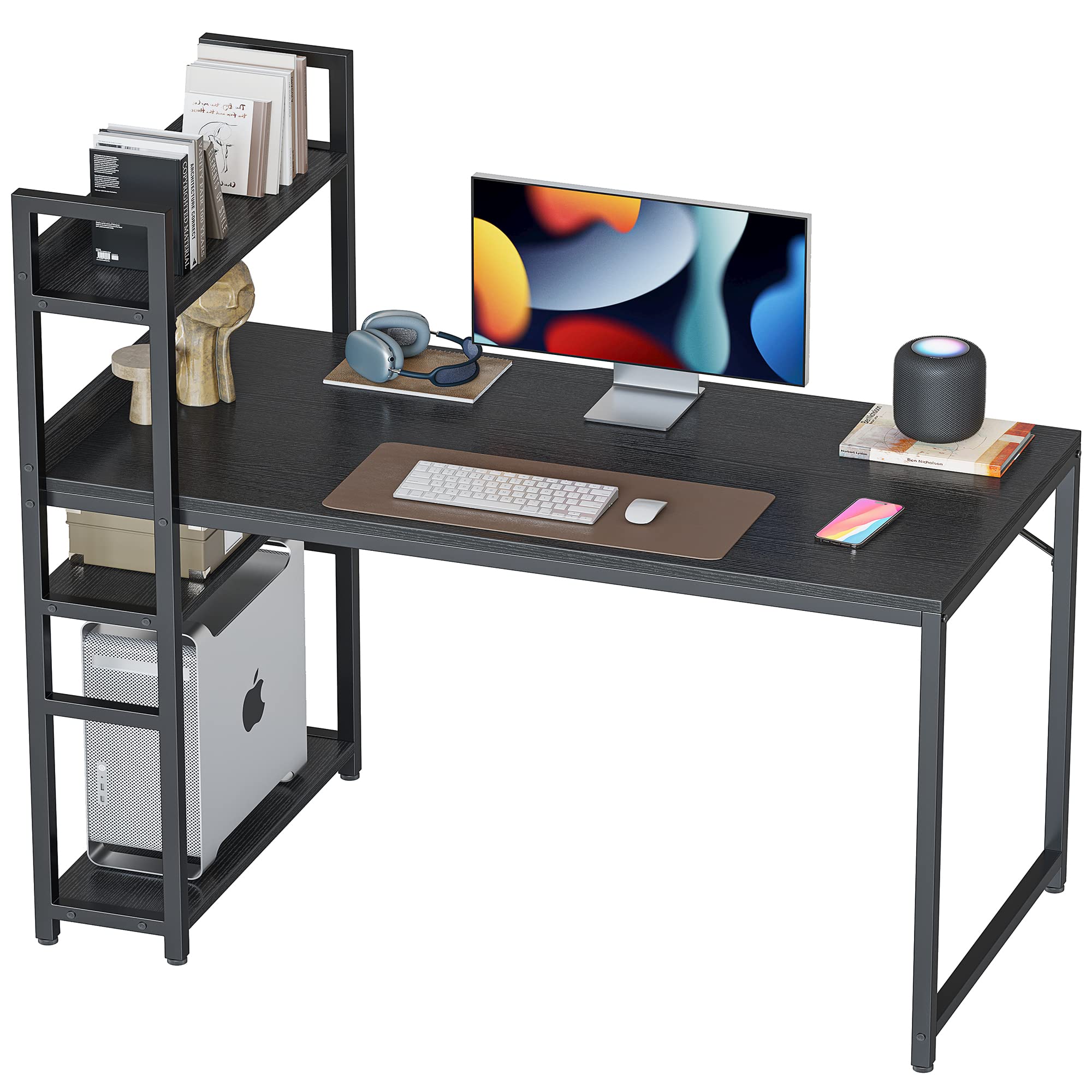 CubiCubi 55 Inch Modern Computer Desk with Storage Shelves, Home Office Writing Study Desk, Simple Style Black - Perfect for Small Spaces, Gaming, and Remote Work