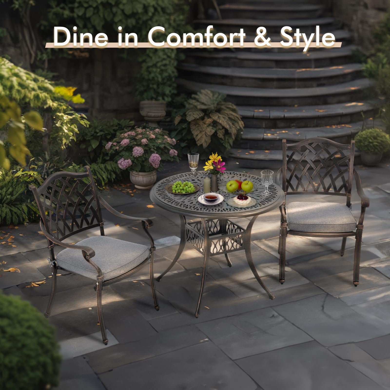 JOIVI 3-Piece Outdoor Dining Set - Cast Aluminum Patio Furniture with Umbrella Hole, Stackable Chairs & Table in Antique Bronze - Perfect for Balcony, Garden, Backyard & Poolside Entertaining | Weather-Resistant & Durable Bistro Set for Outdoor Gatherings