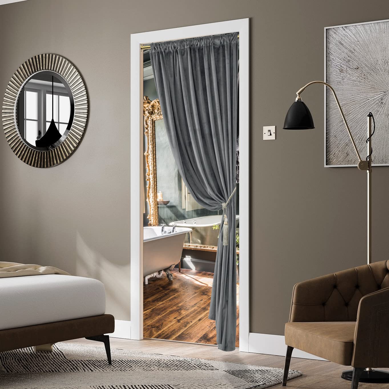 XTMYI Grey Velvet Privacy Room Divider Curtains - Soundproof Folding Screen for Office, Bedroom & Living Room | Back Tab Door Hanging Panel for Indoor Partition (60-70% Noise Reduction) - Perfect for Home Offices, Studio Apartments & Room Separation