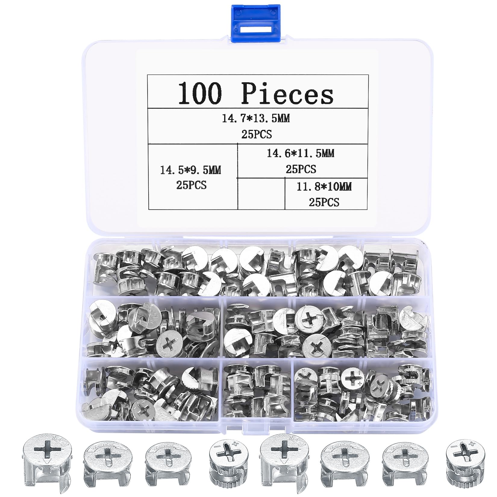 100 Pcs Furniture Cam Lock Nuts - 4 Size Options (11.8x10/14.6x11.5/14.7x13.5/14.5x9.5mm) - Cabinet Hardware Connectors for DIY Furniture Assembly, Woodworking Projects & Home Improvement