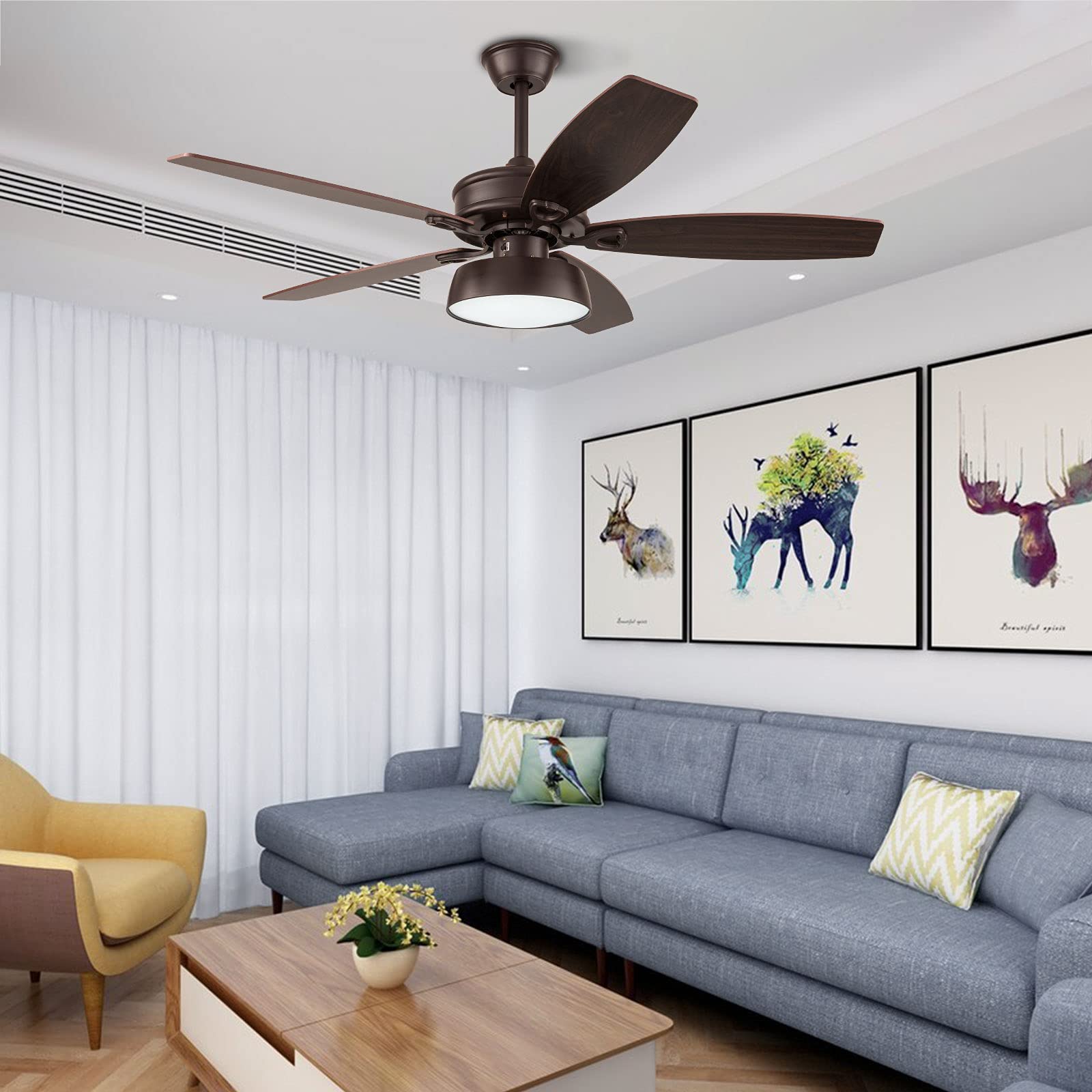 52 Inch Modern Ceiling Fan with LED Light and Remote Control - 5 Reversible Wooden Blades, 3 Speed Settings, 3 Color Temperatures - Ultra Quiet for Bedroom, Living Room, Dining Room - Perfect for Home Cooling and Stylish Lighting