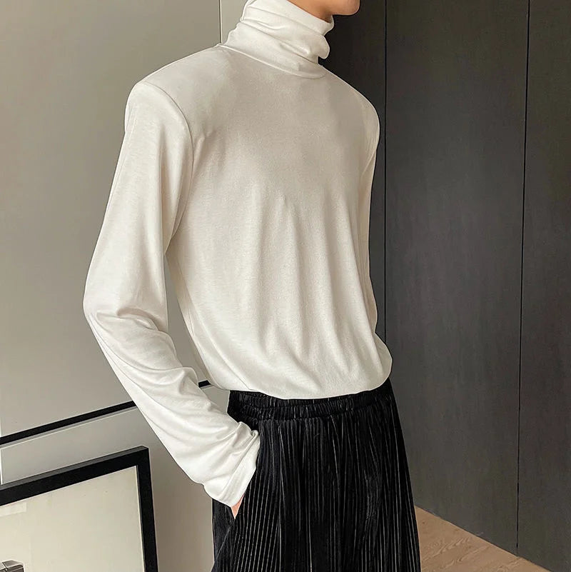 Men's Autumn Slim Fit Turtleneck Long Sleeve Pullover Top with Solid Collar & Shoulder Pads - Solid Color Casual Shirt 9A2222 for Work, Dating & Fall Outfits