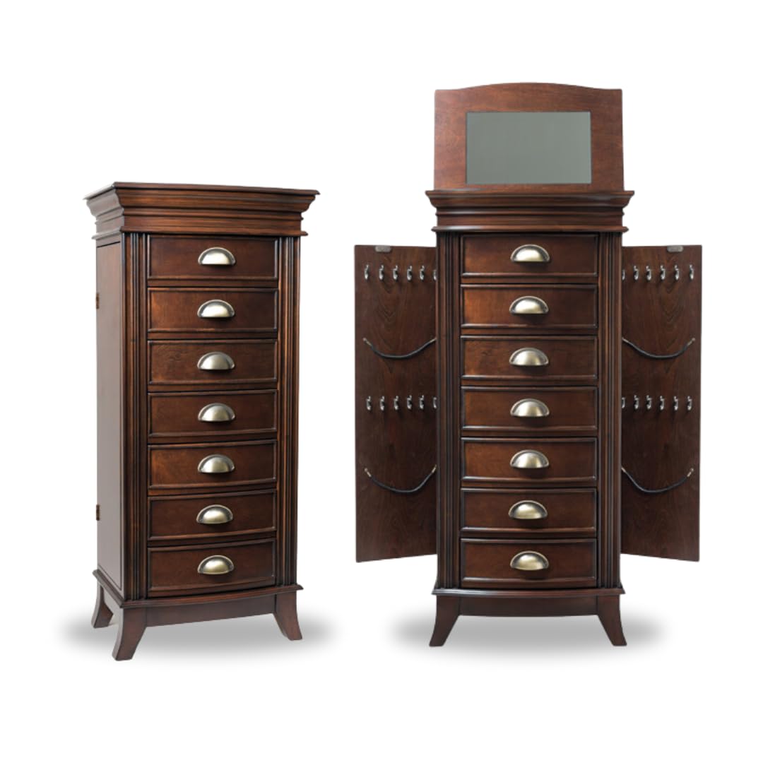 Alexa Walnut Jewelry Armoire with 7 Drawers - Classic Wooden Jewelry Organizer with Multiple Compartments for Necklaces, Rings & Bracelets - Perfect for Bedroom Vanity, Closet Storage & Gift Giving