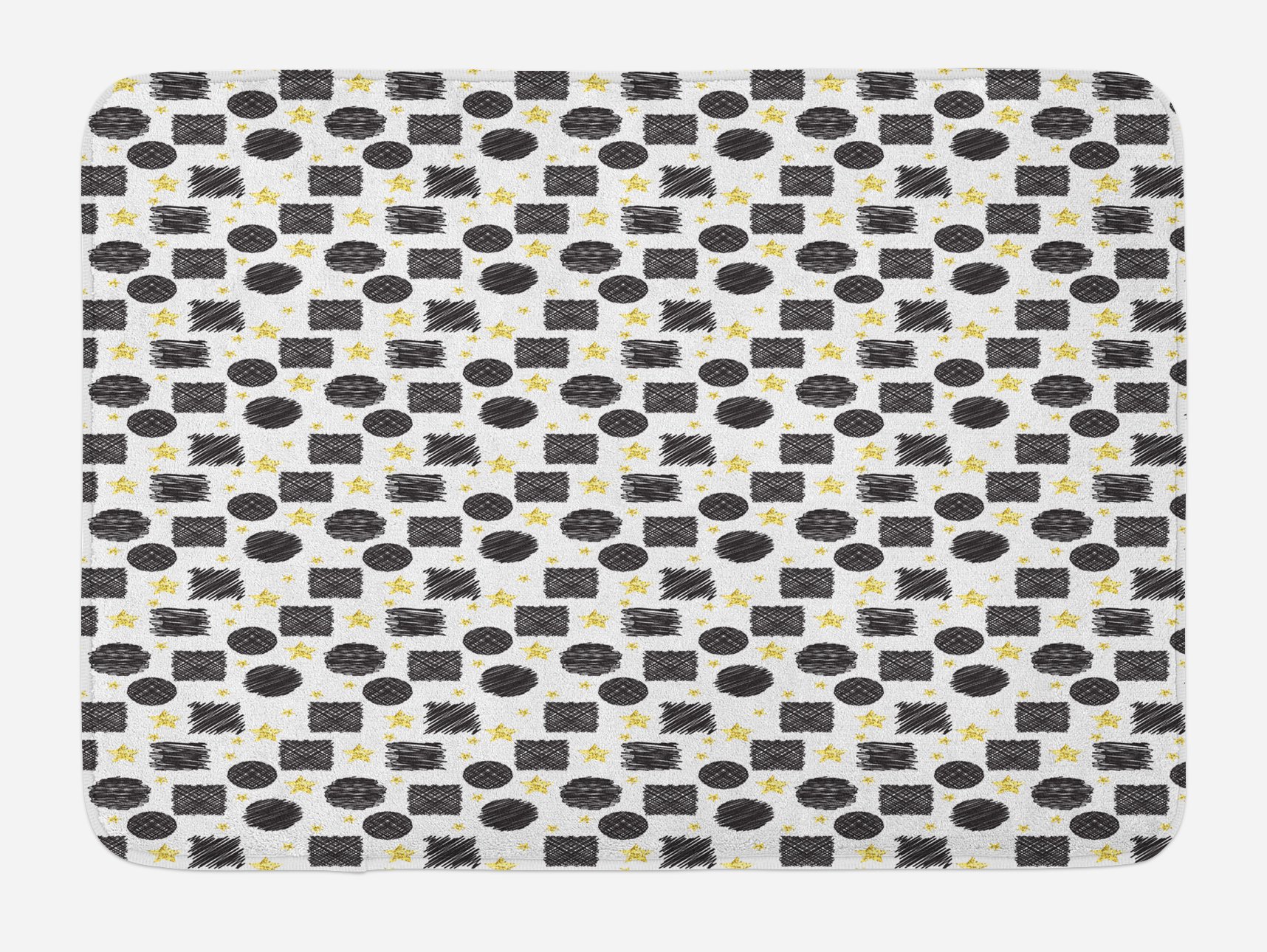 Ambesonne Non-Slip Plush Bath Mat - Black & Yellow Geometric Doodle Design with Circles, Squares & Stars, 30.2