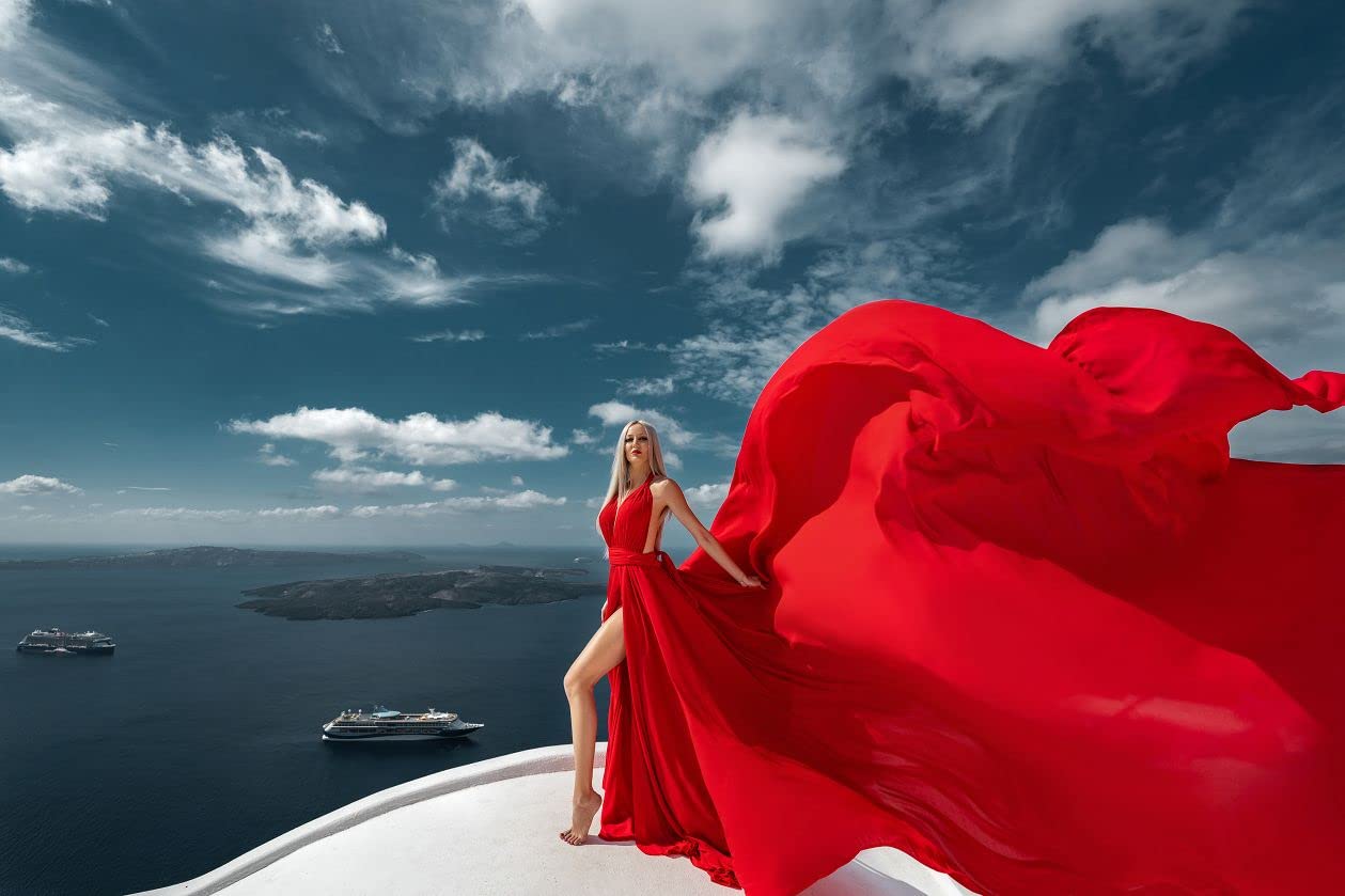 Elegant Long Flying Dress for Photoshoots - Flowy Satin Gown with Train | Perfect for Santorini Photoshoots, Destination Weddings & Beach Vacations