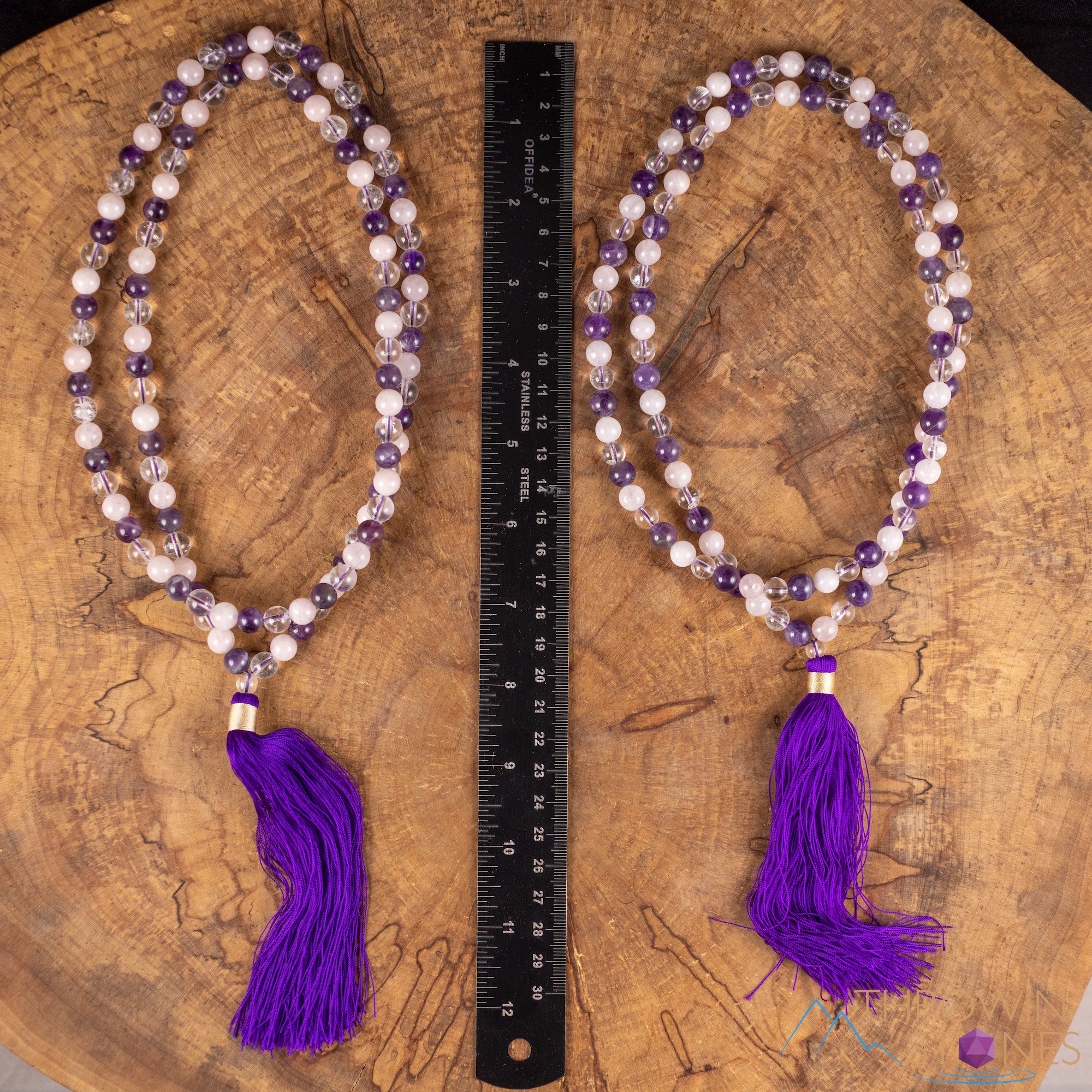Handmade Amethyst Rose Quartz Clear Crystal Mala Beaded Necklace | Healing Stones Jewelry for Meditation Yoga & Spiritual Wellness E0538