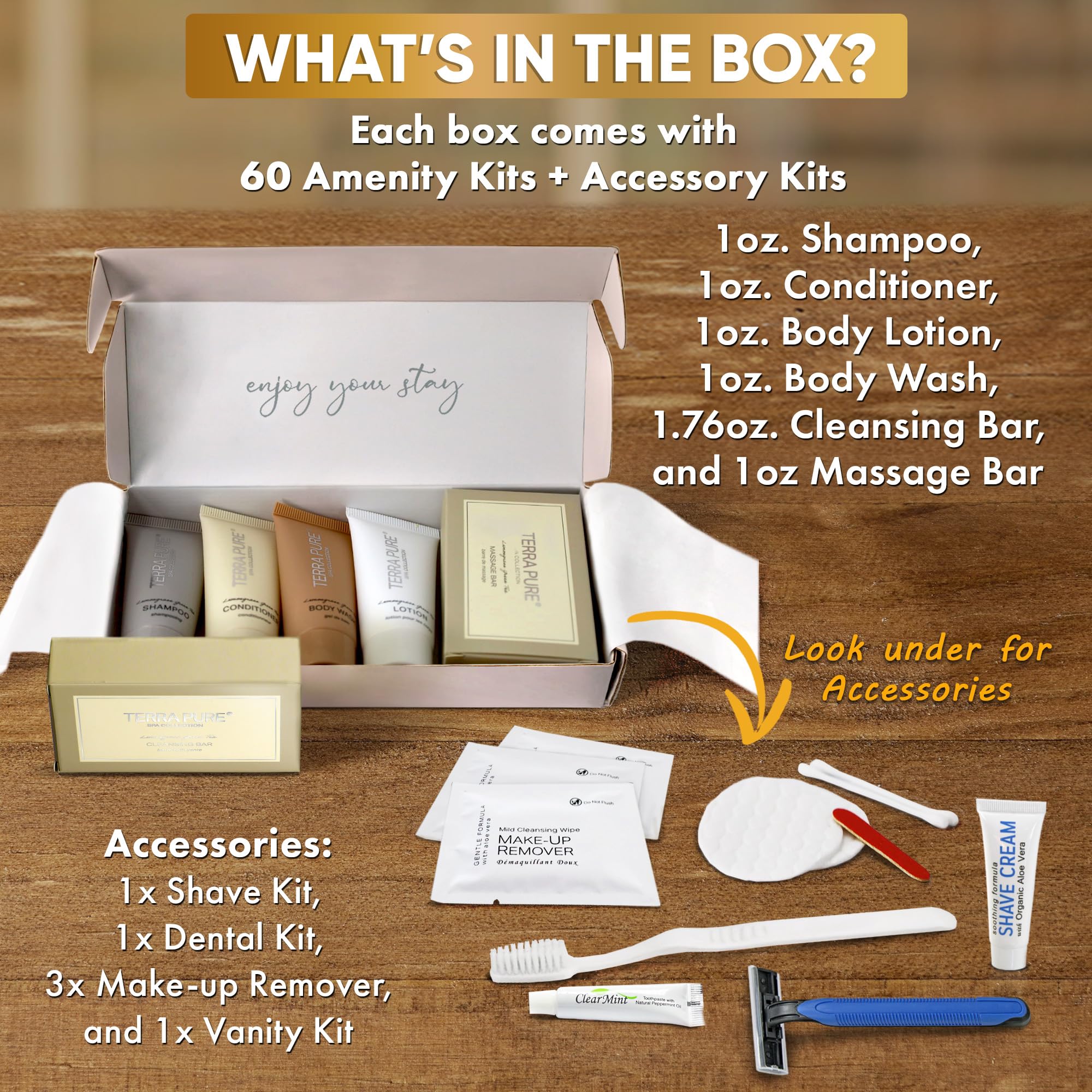 Terra Pure Spa Collection - 60-Piece Travel Amenity Kit with Shampoo, Conditioner, Lotion, Body Wash, Soap Bars, Shaving & Dental Sets, Makeup Remover Wipes | Perfect for Hotels, Spas, Airbnbs, and Luxury Travel Essentials