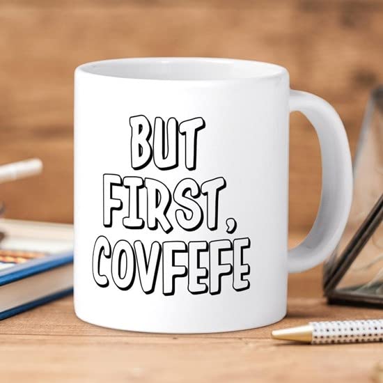 CafePress But First Covfefe 20 oz Ceramic Coffee Mega Mug - Large Insulated Travel Mug for Hot & Cold Drinks - Perfect for Home, Office, or Commuting